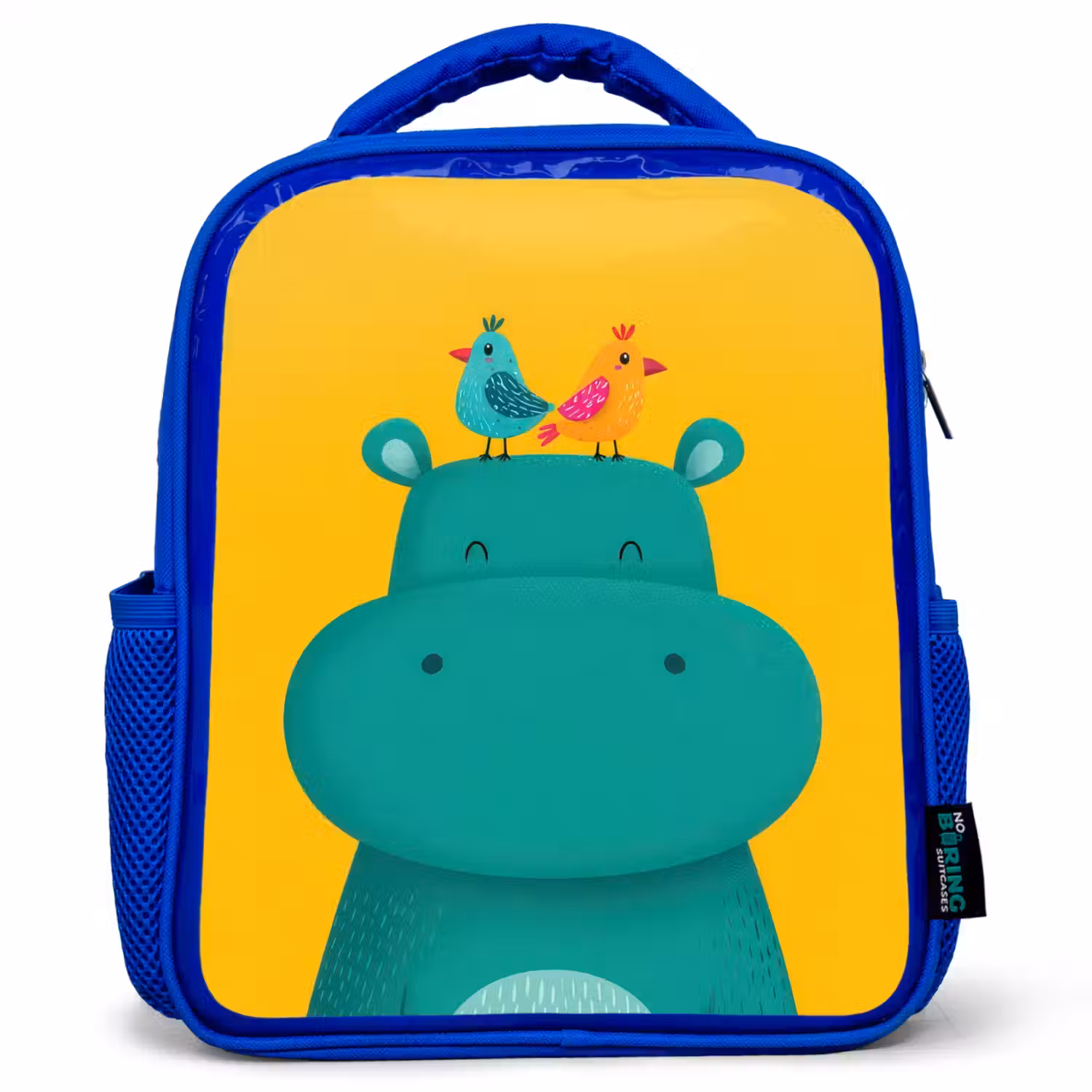 Nijlpaard - Vogels - Groen - Geel Kinderrugzak - Blauw middel -3d