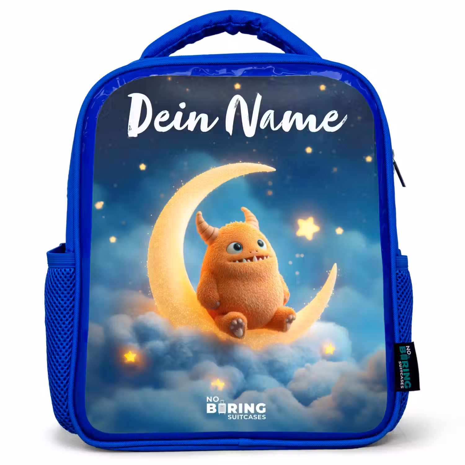 Oranje monster op maansikkel Kinderrugzak - Blauw middel -3d