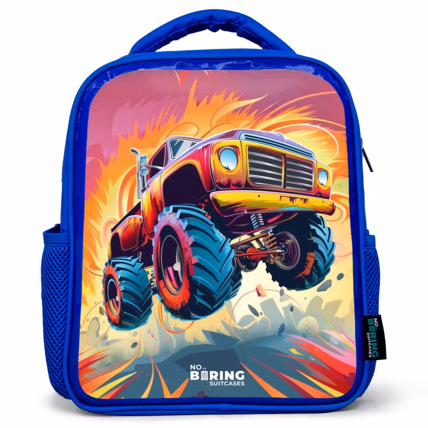 Roze Monstertruck Vliegt over het Asfalt Kinderrugzak - Blauw middel -3d