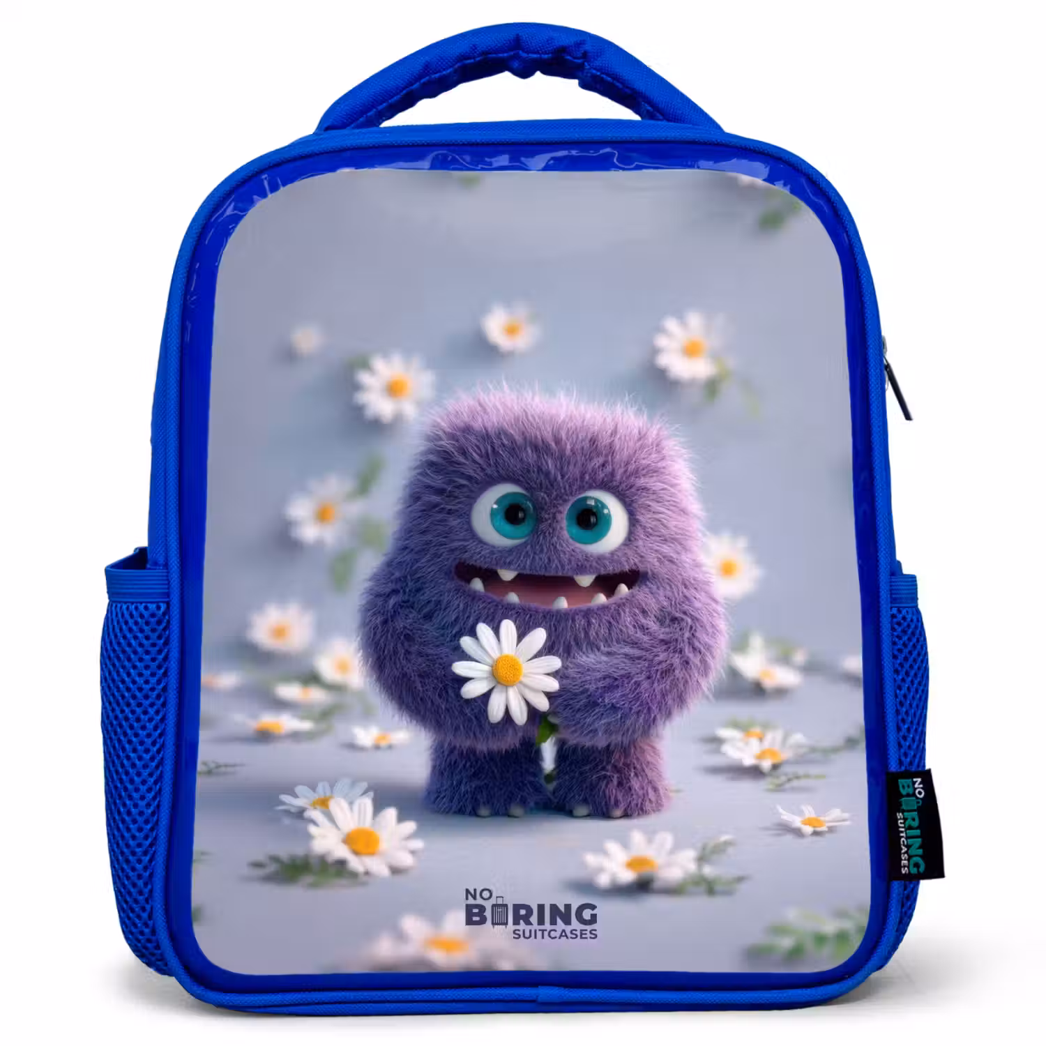 Paars Pluizig Vriendje met Madelief Kinderrugzak - Blauw middel -3d