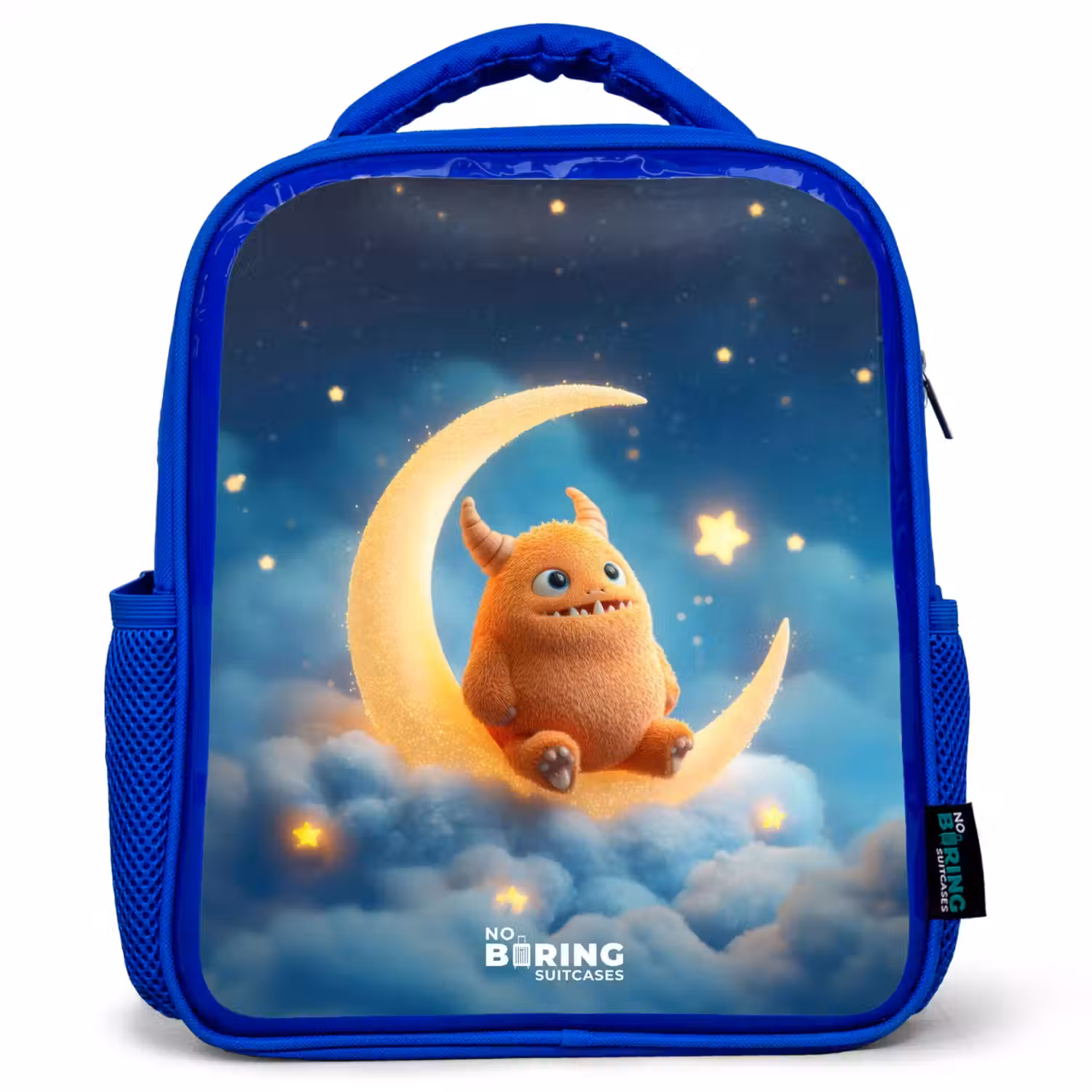 Oranje monster op maansikkel Kinderrugzak - Blauw middel -3d