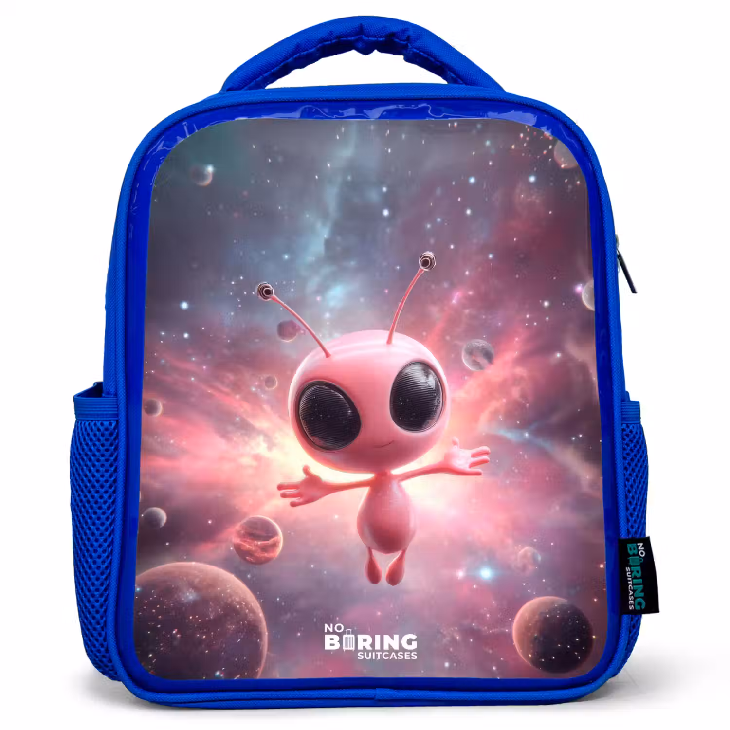 Roze Alien in Sterrennevel Kinderrugzak - Blauw middel -3d