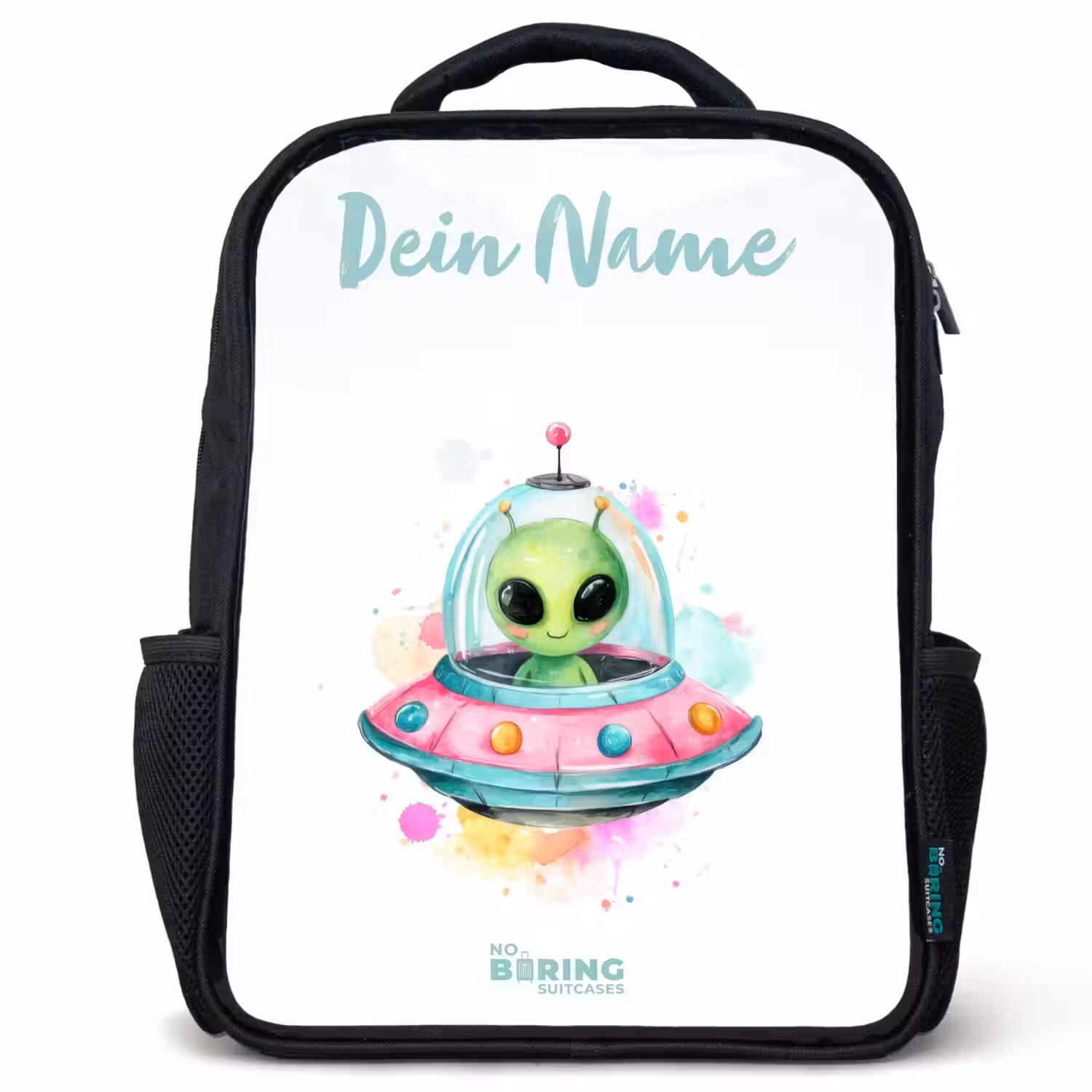 Groene alien in kleurrijke UFO Rugzak - Zwart middel -3d