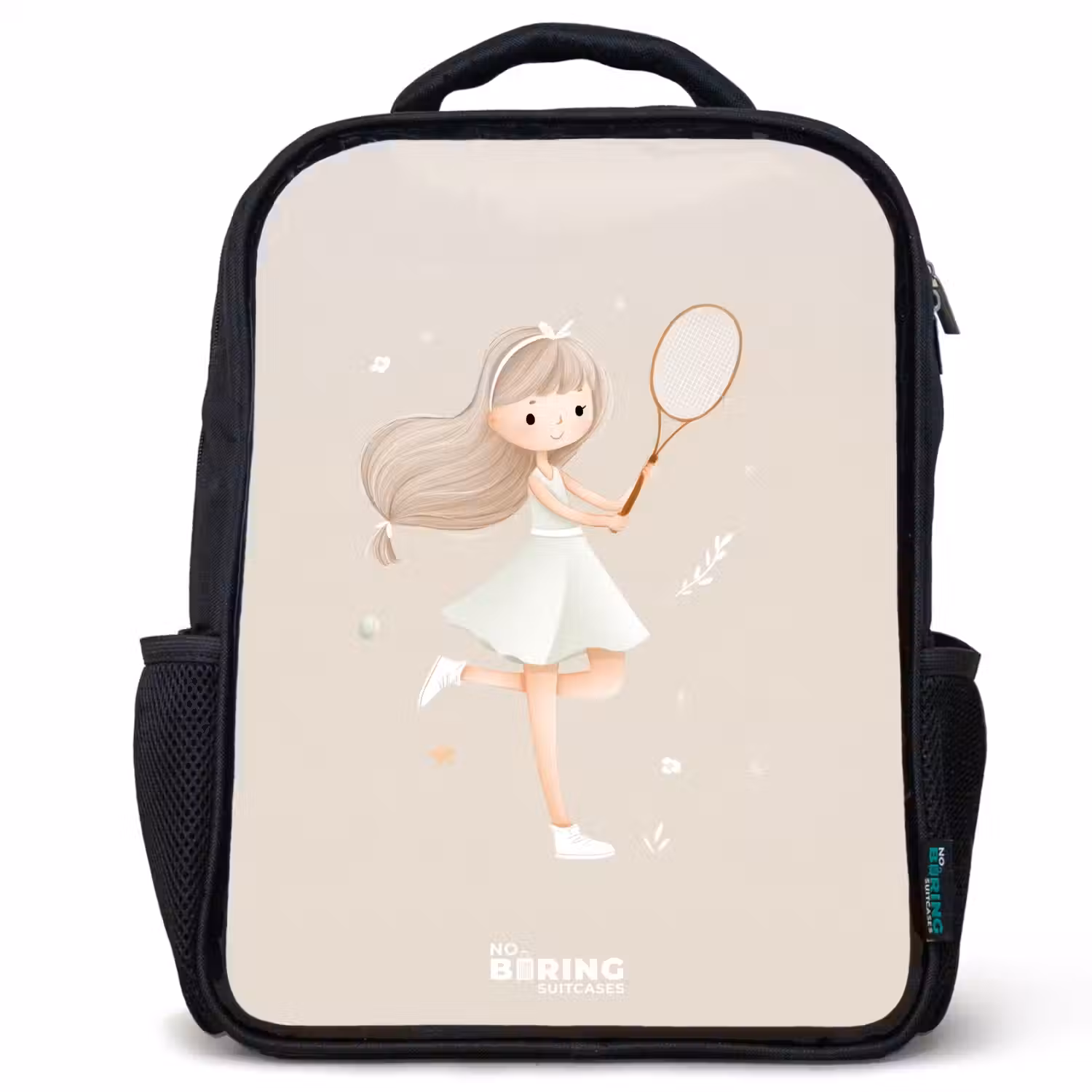 Meisje speelt tennis in beige kleuren Rugzak - Zwart middel -3d