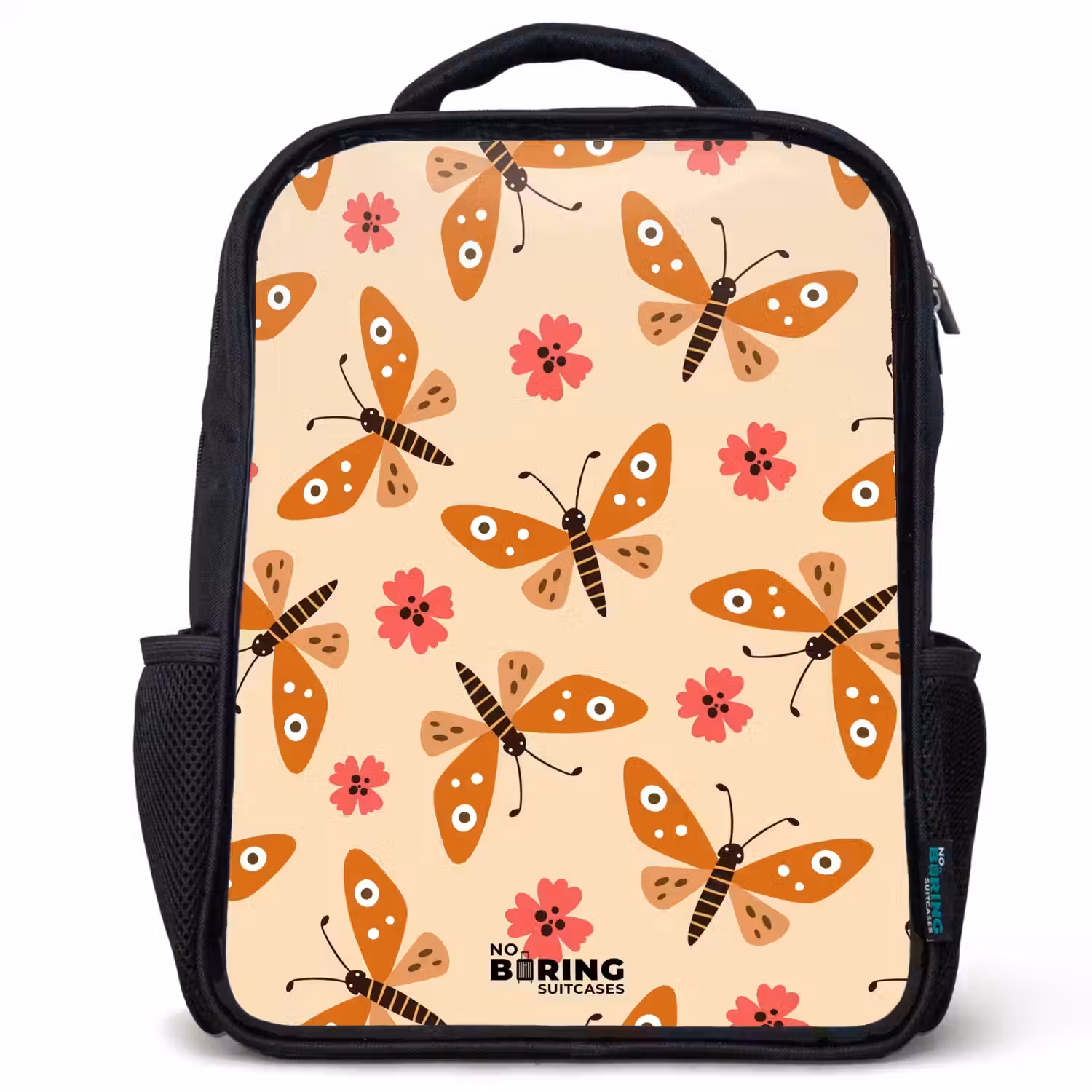 Oranje vlinders en roze bloemen op beige achtergrond Rugzak - Zwart middel -3d