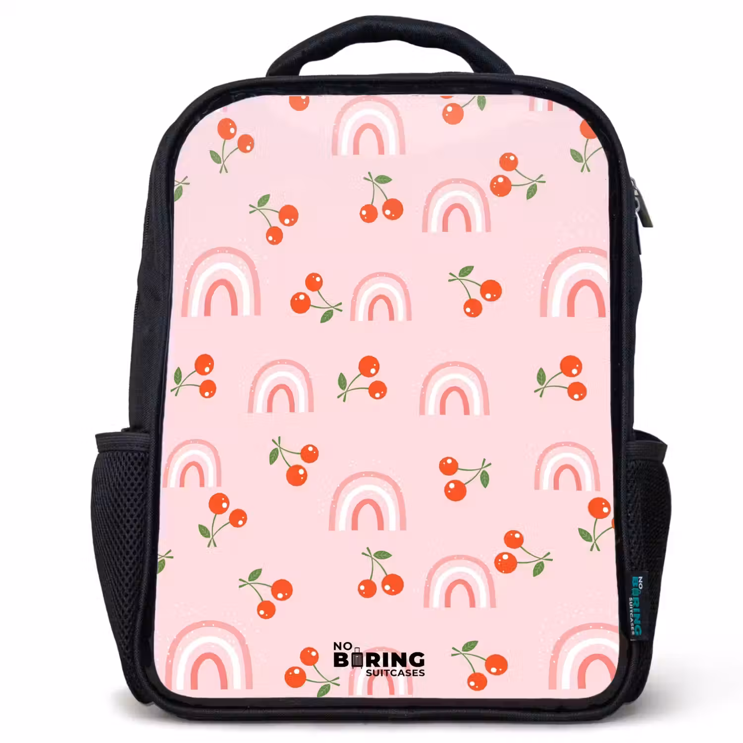 Roze met regenboog en kersen patroon Rugzak - Zwart middel -3d