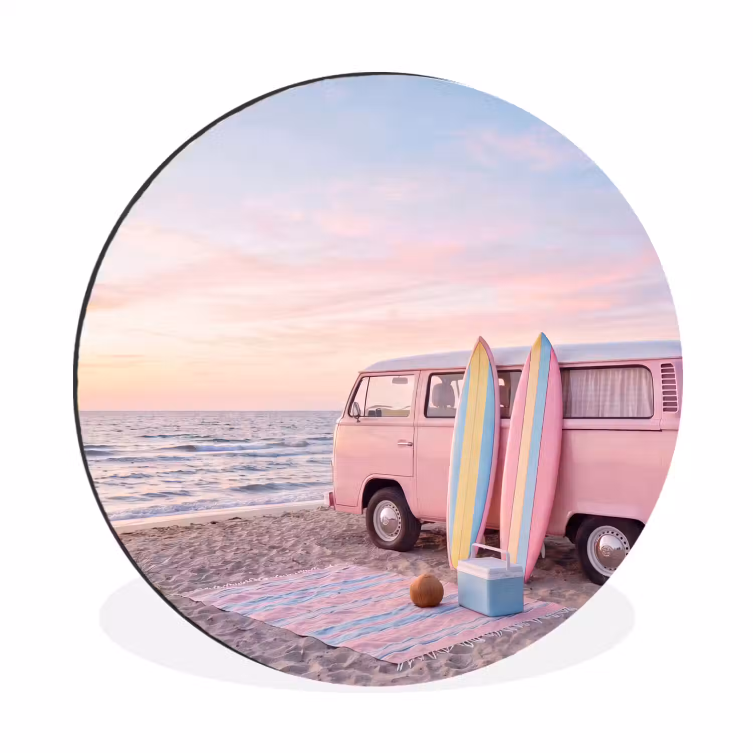 Busje - Strand - Surfplank - Zomer - Roze Wandcirkel aluminium klein -3d