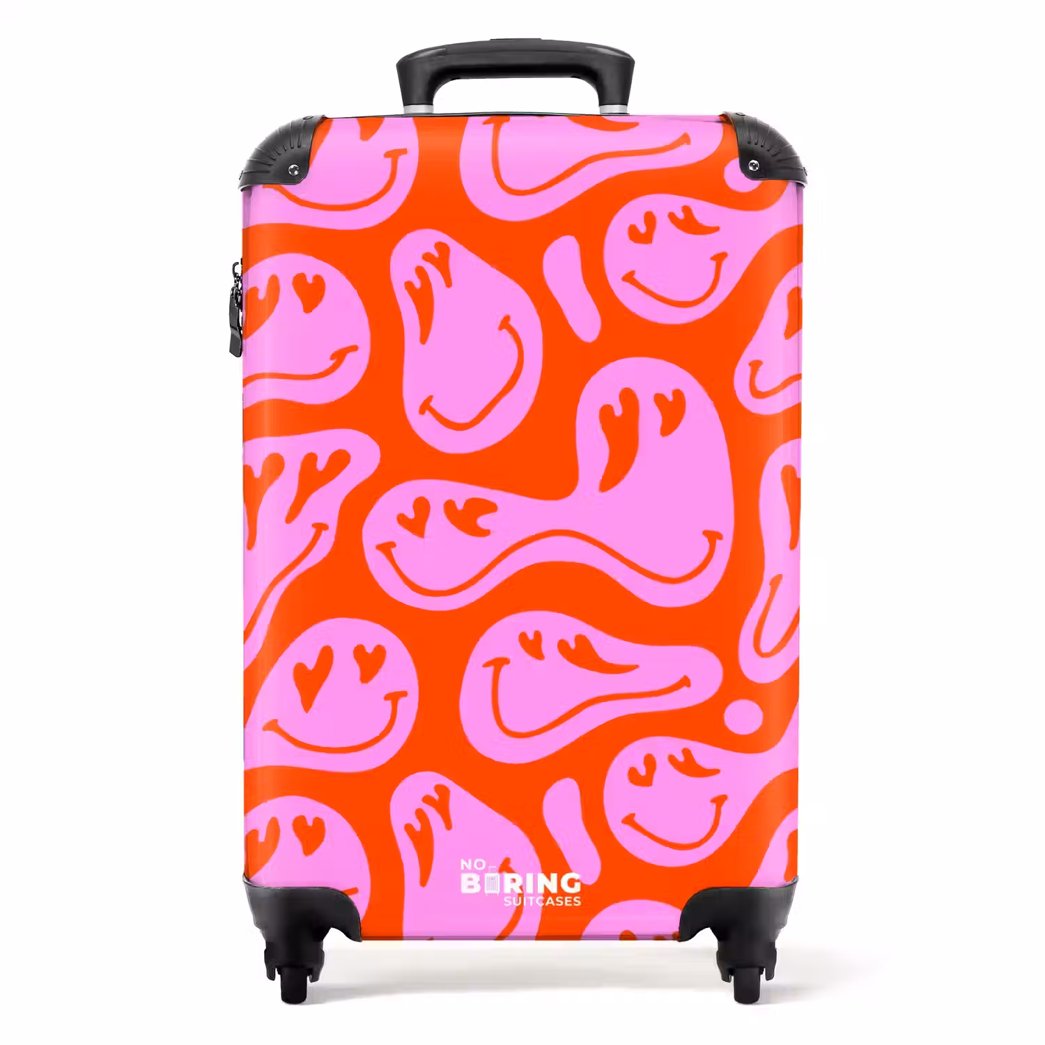 Abstracte smileyfiguren met hartogen op rood en roze NBS - Handbagage koffer - Kinderen Unisex middel -productfoto_recht