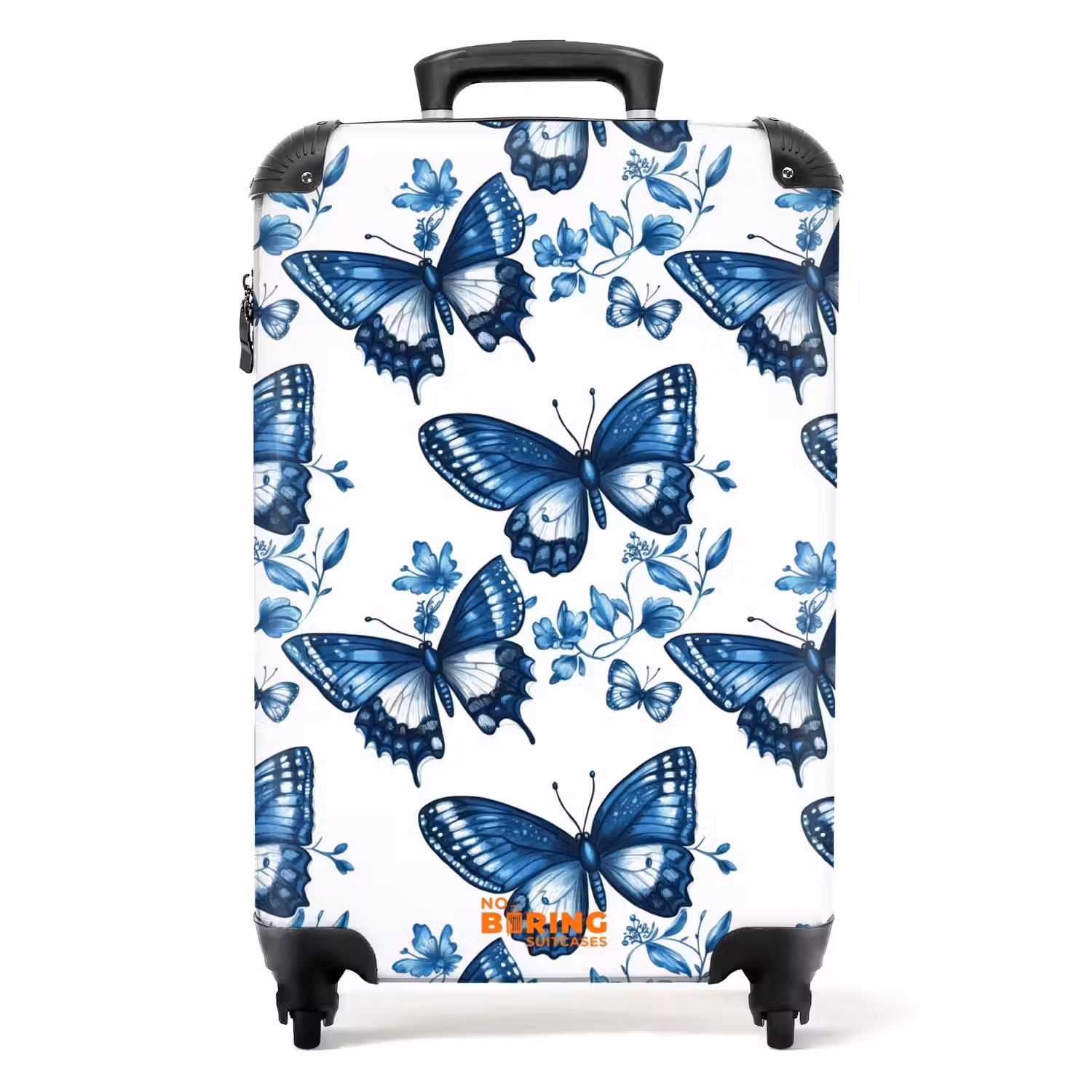 Blauw - Vlinders - Bloemen - Wit NBS - Handbagage koffer - Volwassenen Unisex middel -productfoto_recht
