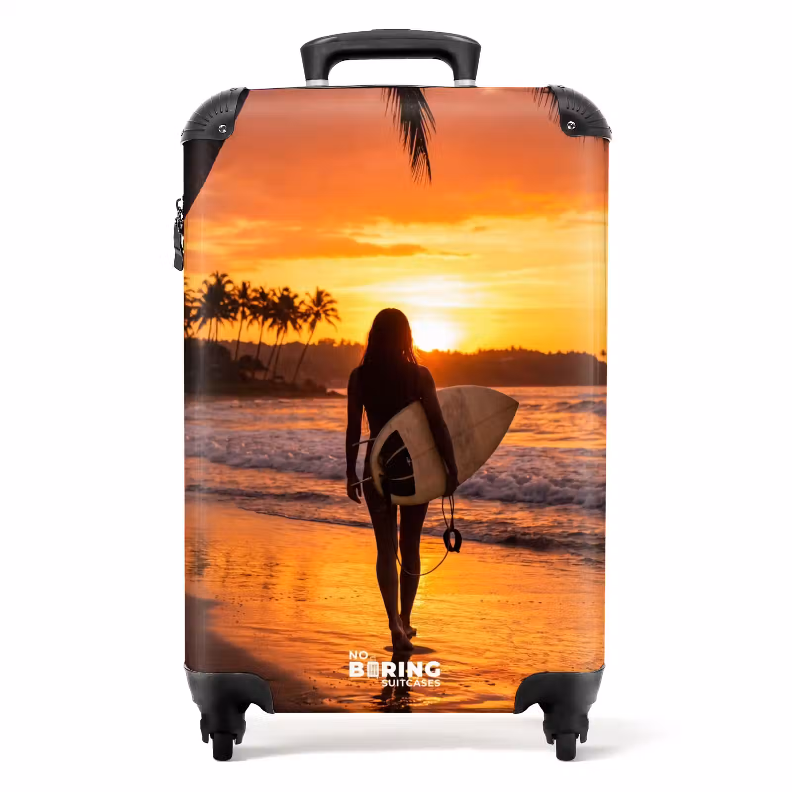 Koffer - Frau – Surfbrett – Strand – Sonnenuntergang – Orange - Vrouw - Surfplank - Strand - Zonsondergang - Oranje NBS - Handbagage koffer - Volwassenen Unisex middel