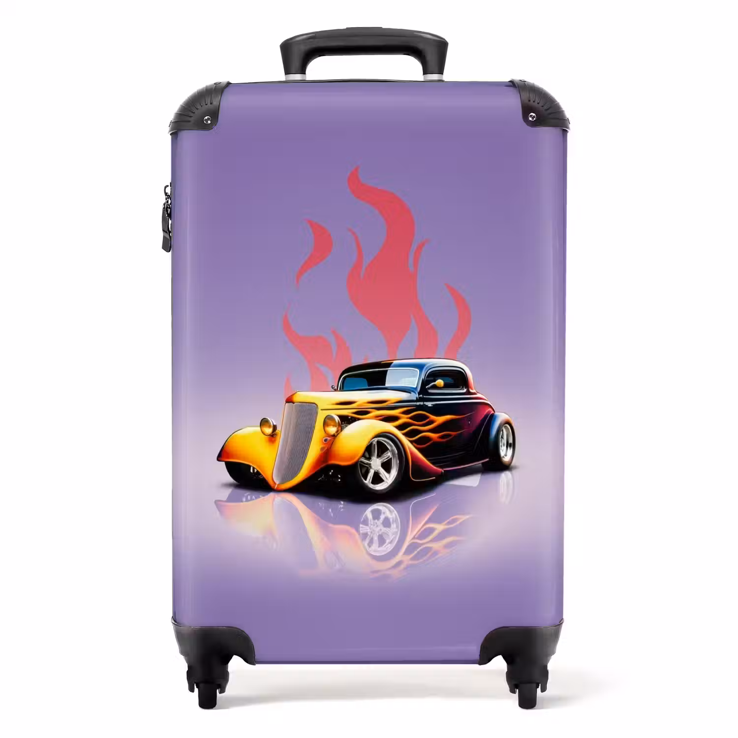 Gele auto met roze vlammen NBS - Handbagage koffer - Unisex middel -productfoto_recht