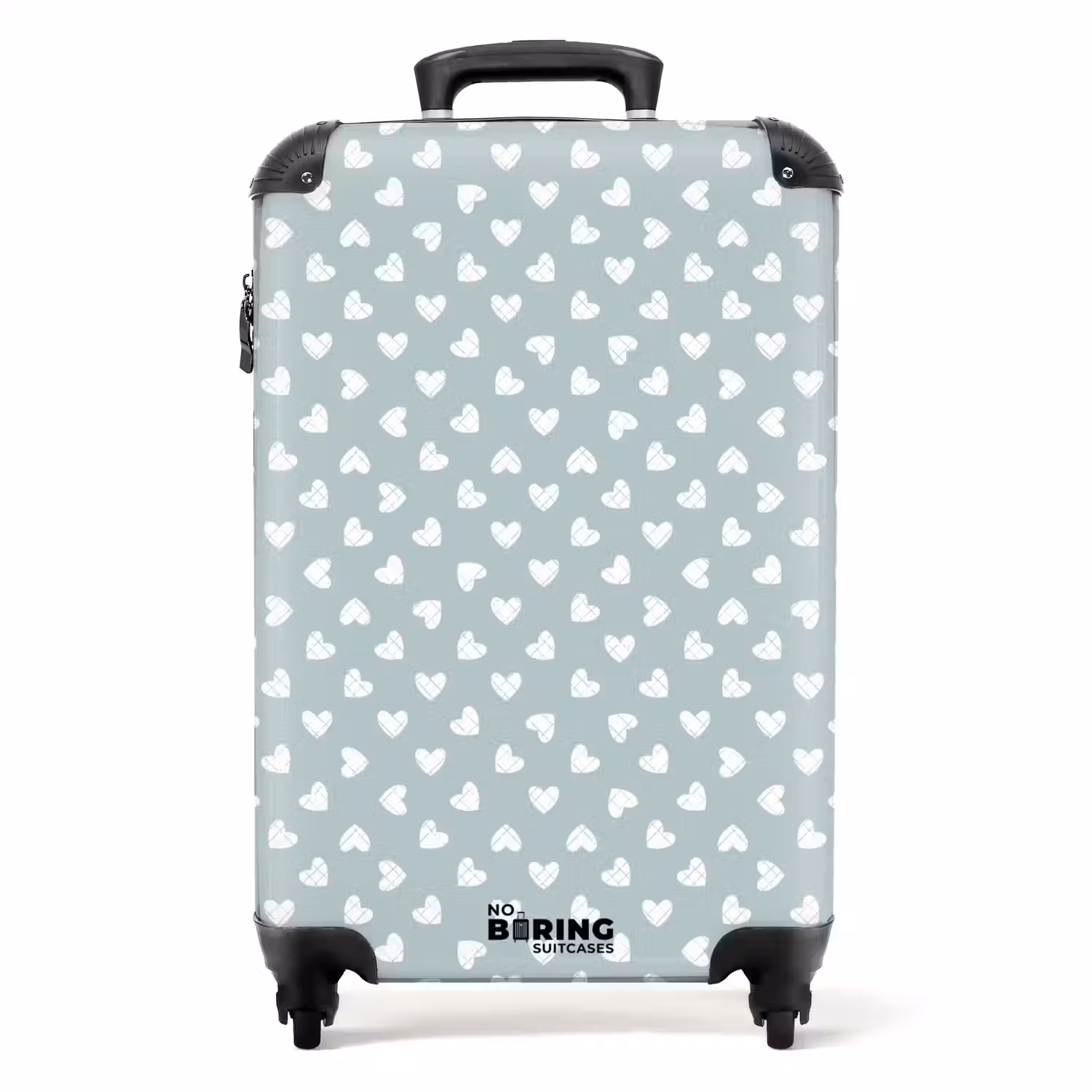 Grijsgroene achtergrond met witte hartjes NBS - Handbagage koffer - Volwassenen Unisex middel -productfoto_recht