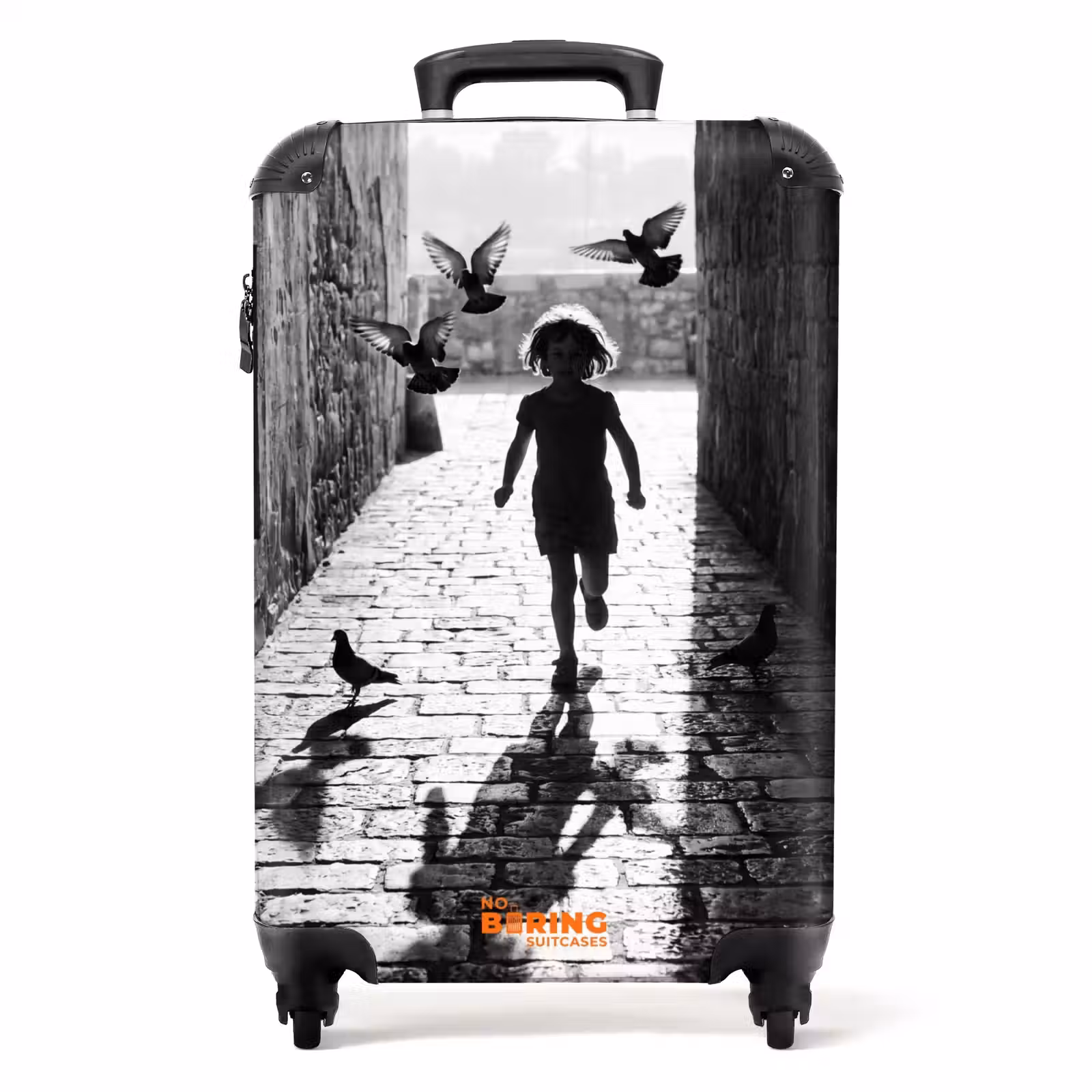 Koffer - Kind – Vogel – Straße – Schwarz-Weiß – Spielen - Kind - Vogel - Straat - Zwart-wit - Spelen NBS - Handbagage koffer - Volwassenen Unisex middel
