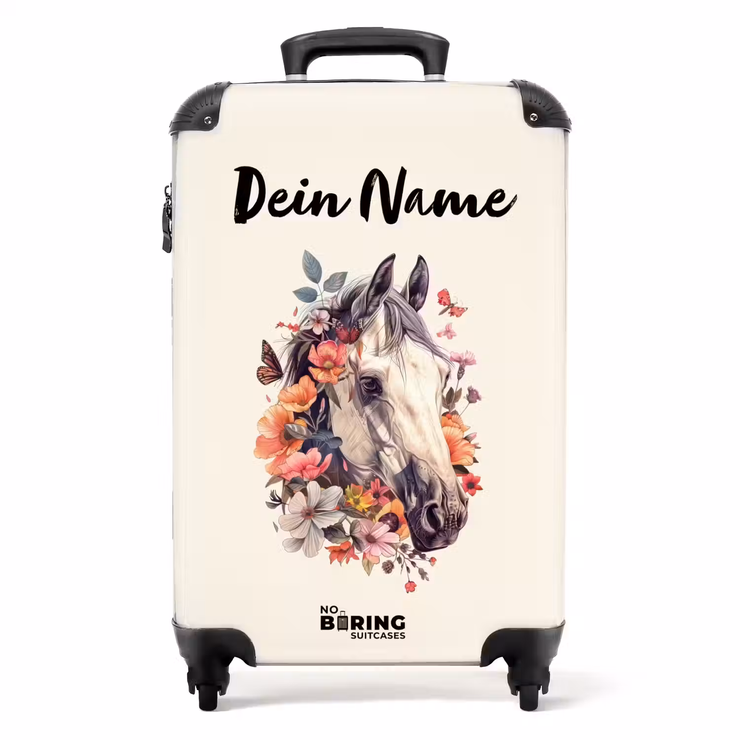Wit paardenhoofd omringd door bloemen en vlinders NBS - Handbagage koffer - Kinderen Unisex middel -productfoto_recht