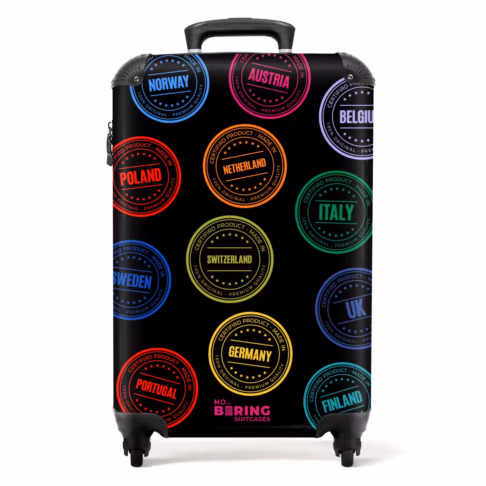 Koffer - Neon – Länder – Schwarz – Stempel - Neon - Landen - Zwart - Stempels NBS - Handbagage koffer - Volwassenen Unisex middel