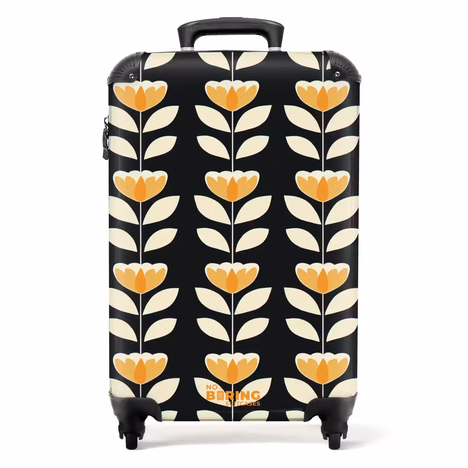 Retro - Bloem - Zwart - Okergeel NBS - Handbagage koffer - Volwassenen Unisex middel -productfoto_recht