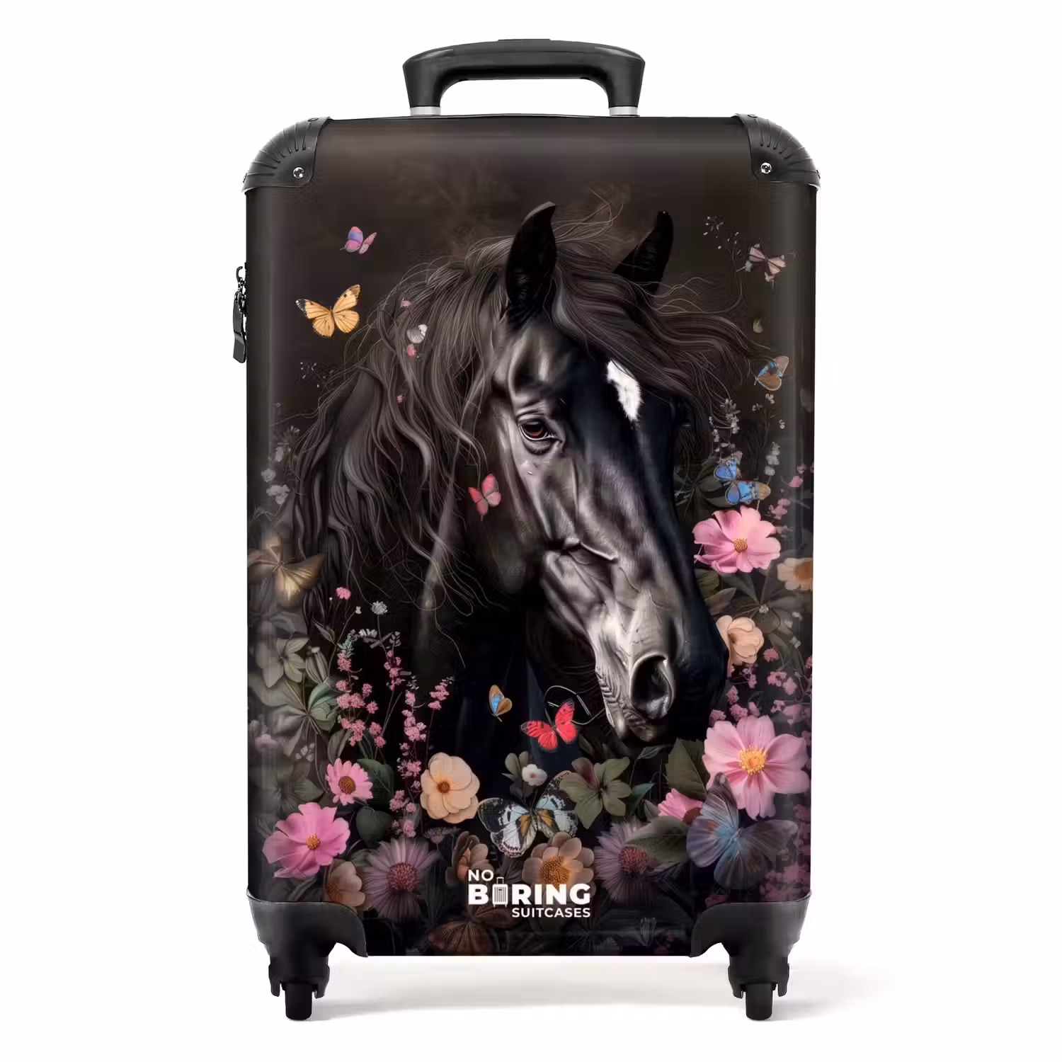 Zwart paard met witte bles en kleurrijke bloemen Koffer - NBS - Handbagage middel -productfoto_recht