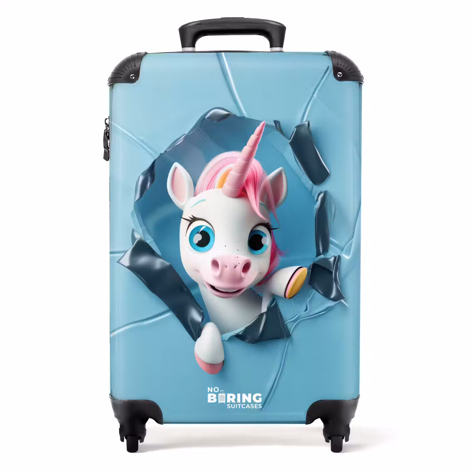 Witte eenhoorn komt door blauw plastic NBS - Handbagage koffer - Kinderen Unisex middel -productfoto_recht