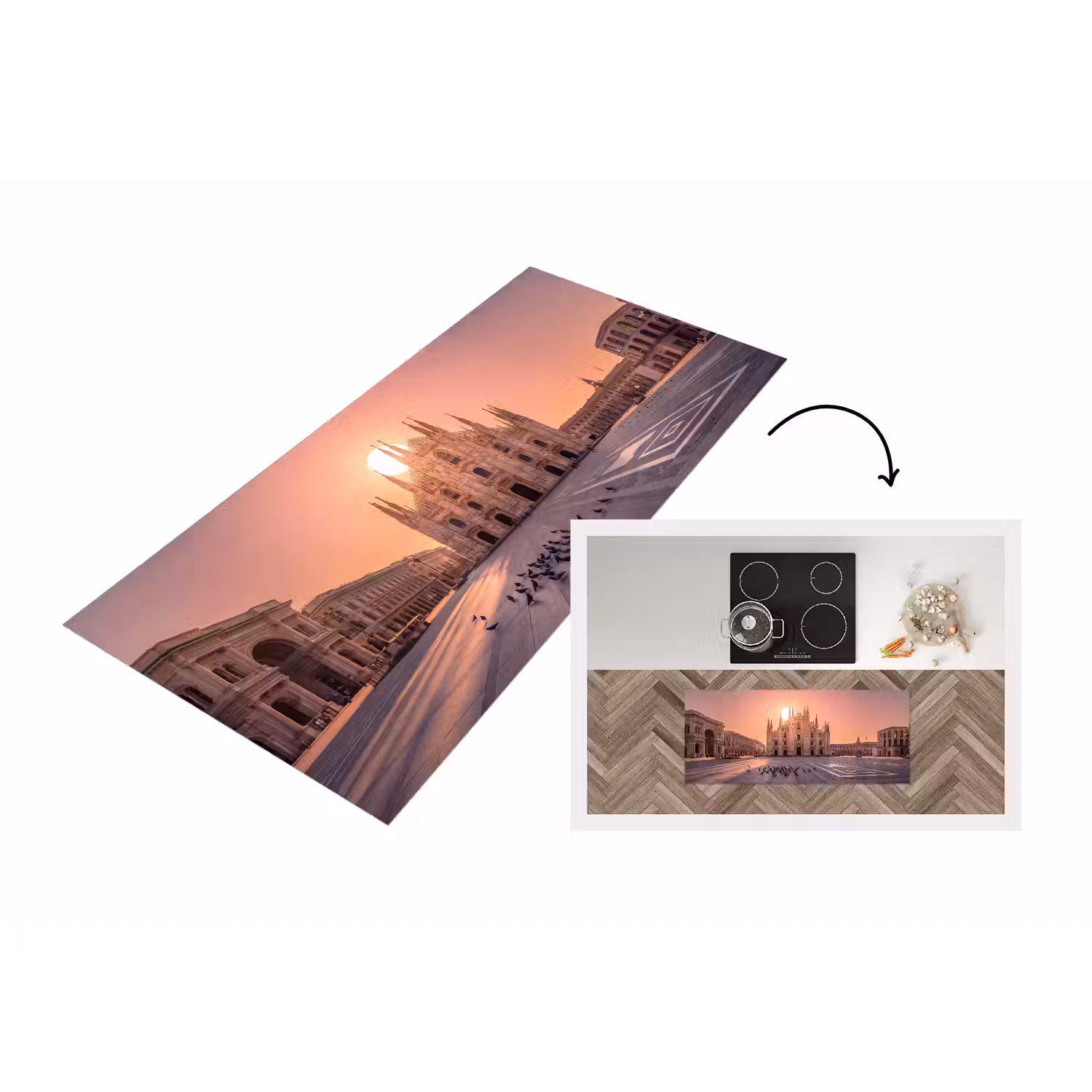 Architectuur - Milaan - Plein - Zonsopgang - Oranje Keukenloper - keukenmat middel -3d
