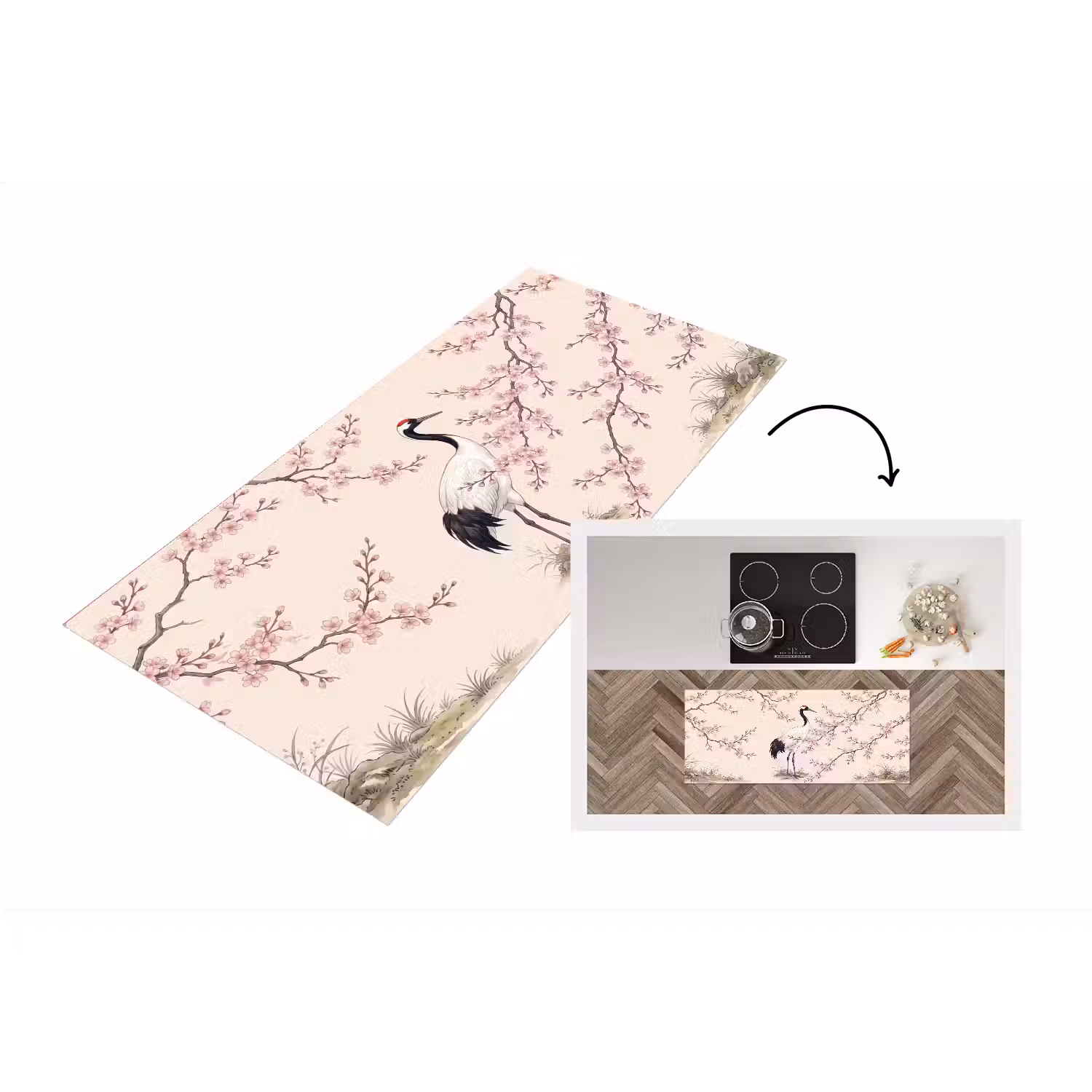 Aziatisch - Kraanvogel - Beige Keukenloper - keukenmat middel -3d