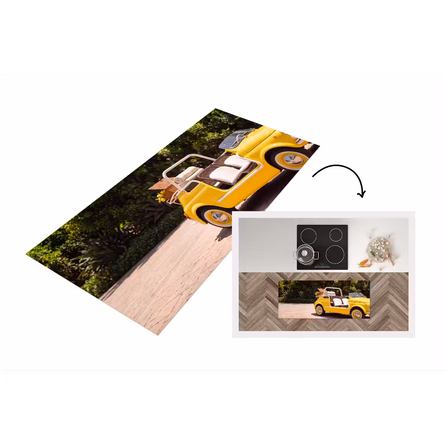 Auto - Picknick - Zomer - Geel Keukenloper - keukenmat middel -3d