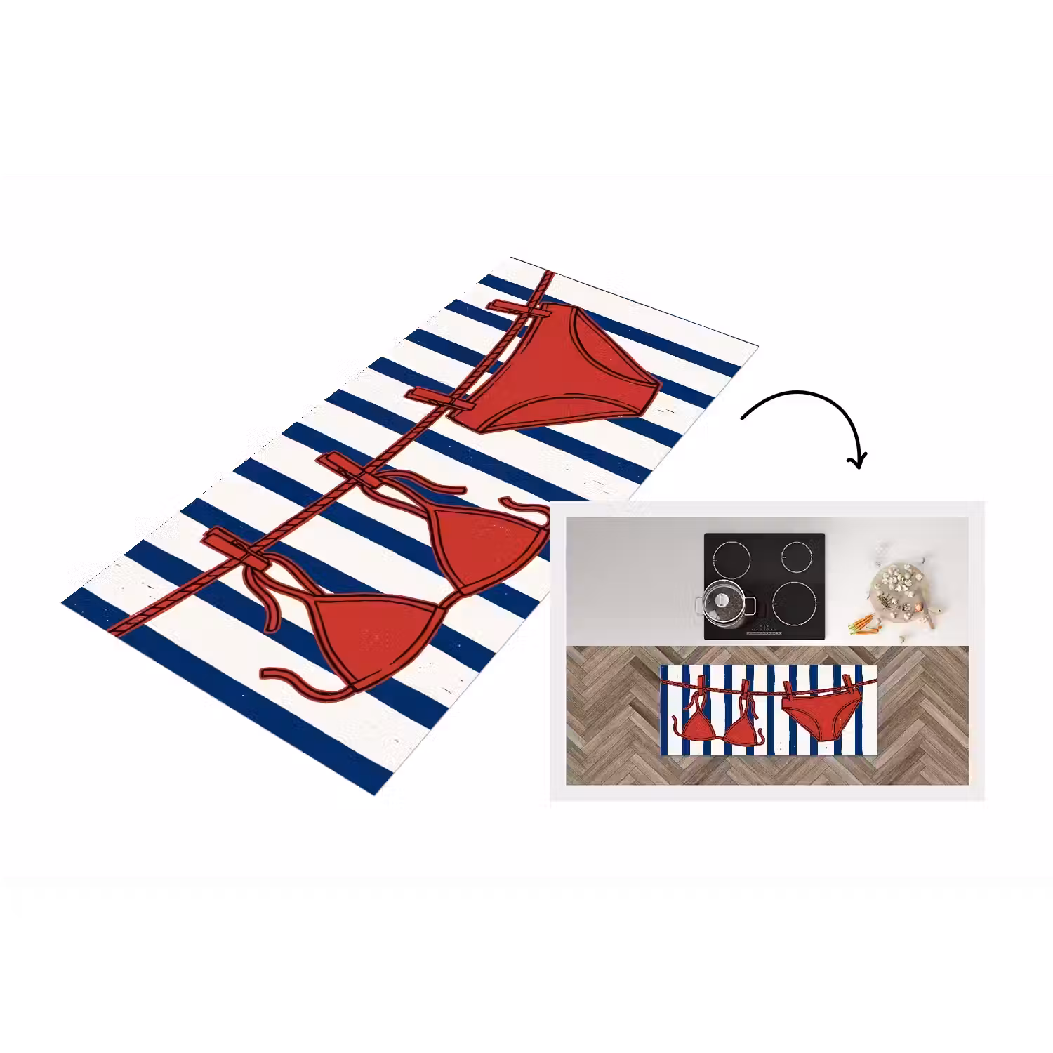 Badkleding - Waslijn - Zomer - Illustratie - Rood Keukenloper - keukenmat middel -3d
