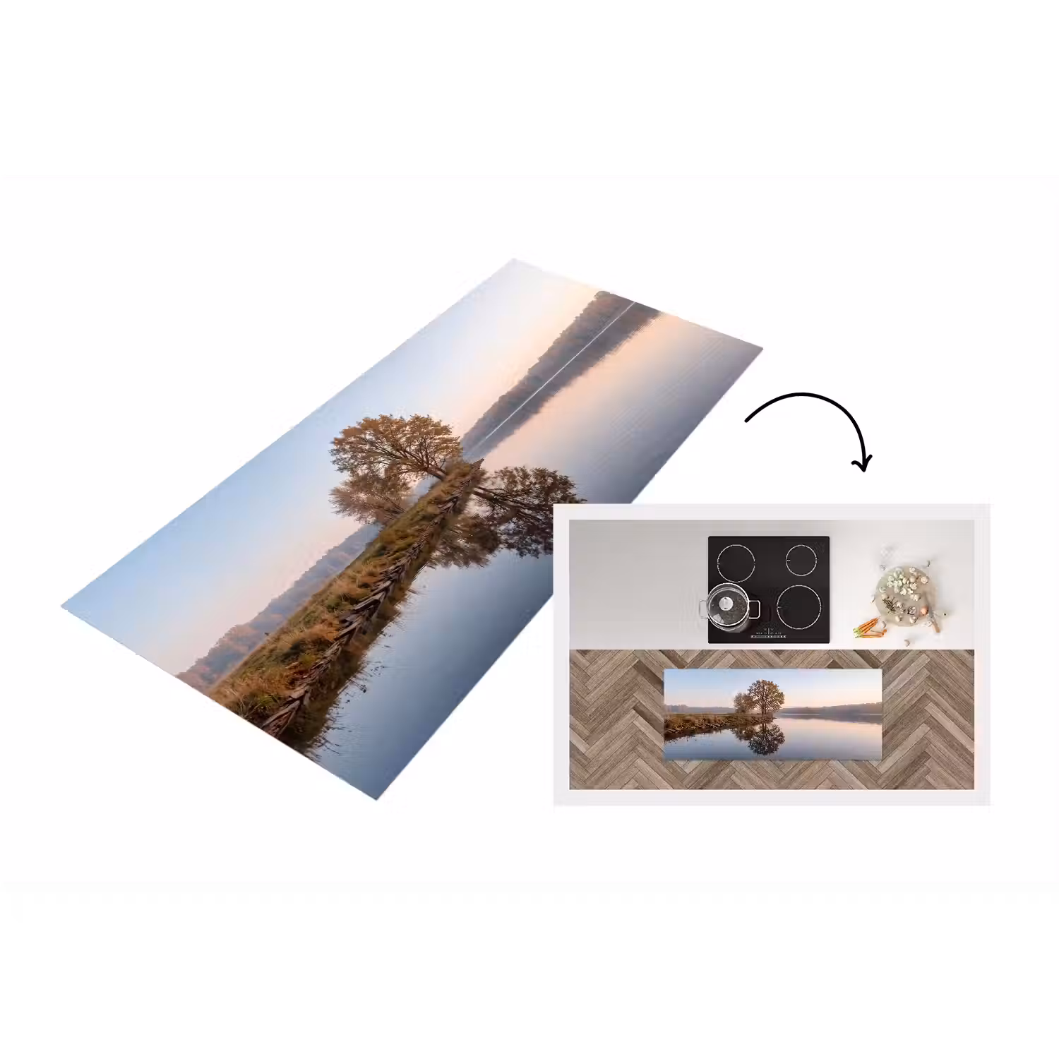 Bomen - Reflectie - Water - Zonsopgang - Serene Keukenloper - keukenmat middel -3d