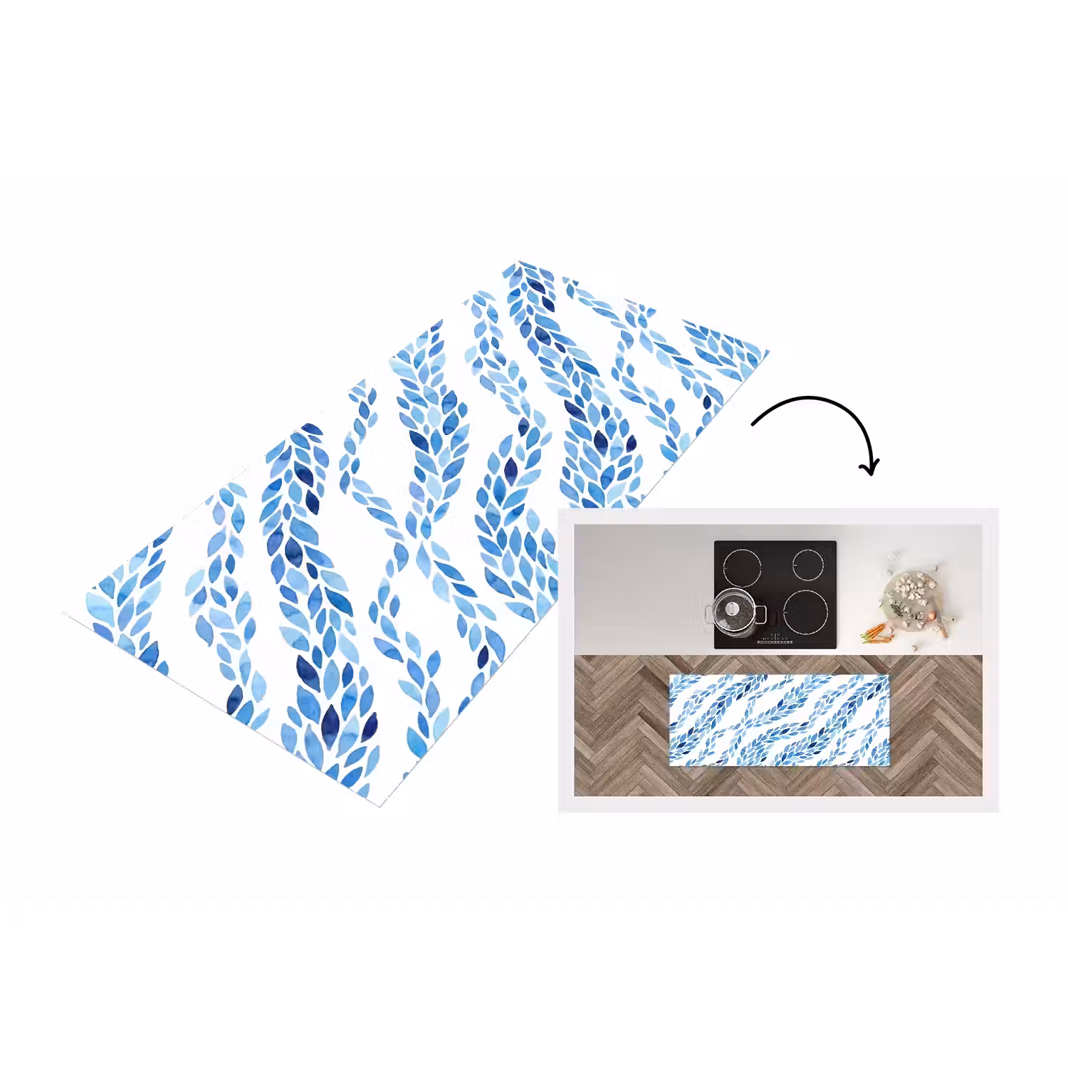 Bladeren - Aquarel - Patroon - Modern - Blauw Keukenloper - keukenmat middel -3d