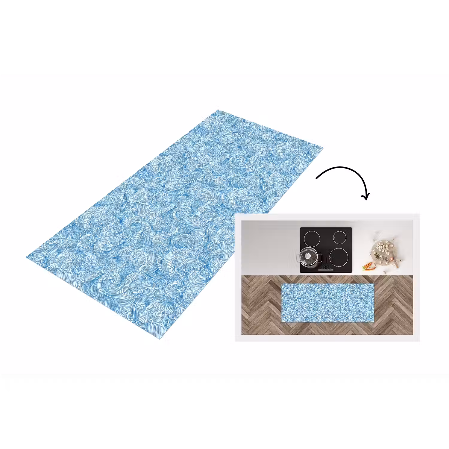 Blauw - Wit - Spiraal - Golven - Lijnen Keukenloper - keukenmat middel 536 -3d