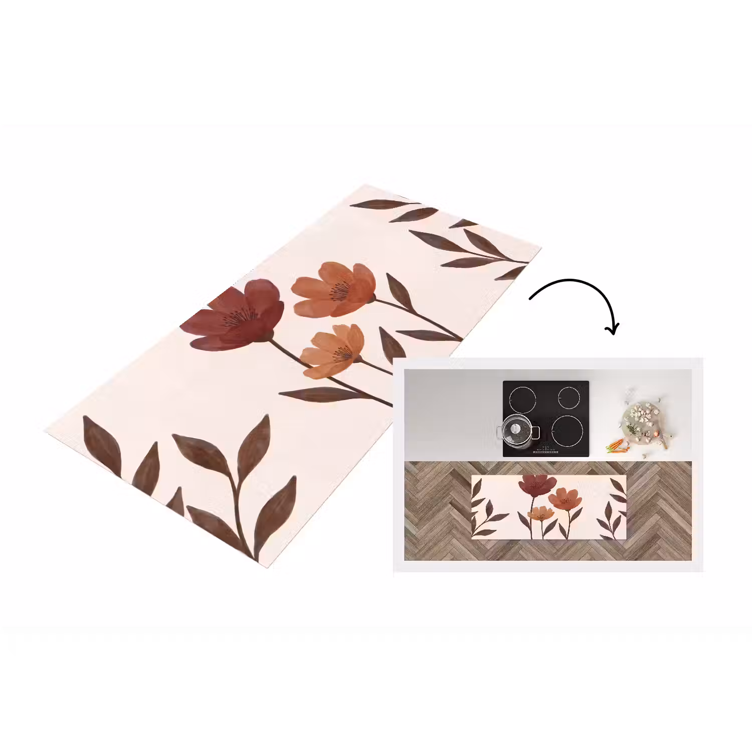 Bloemen - Abstract - Modern - Bruin - Decoratief Keukenloper - keukenmat middel -3d