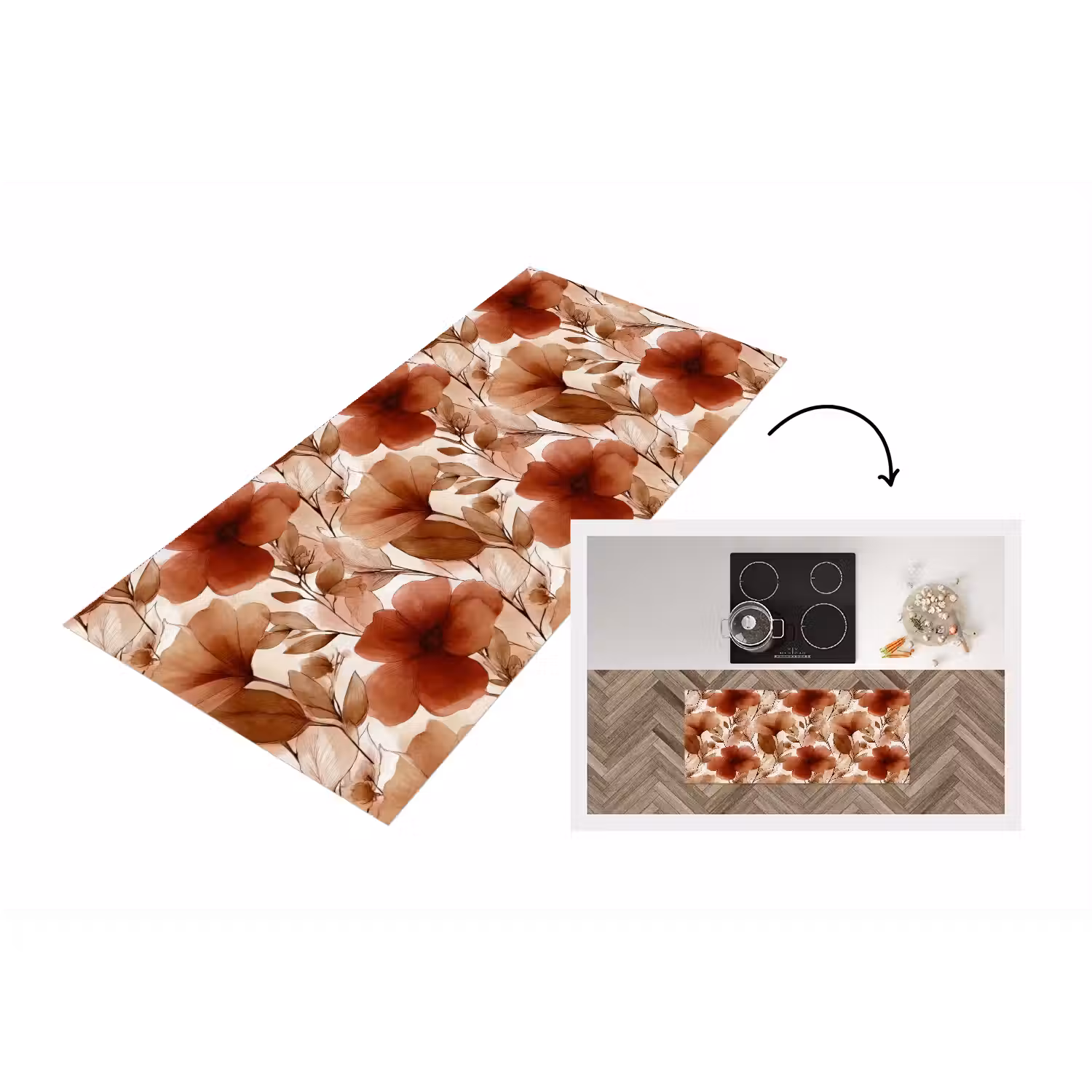 Bloemen - Aquarel - Botanisch - Terracotta Keukenloper - keukenmat middel 536 -3d