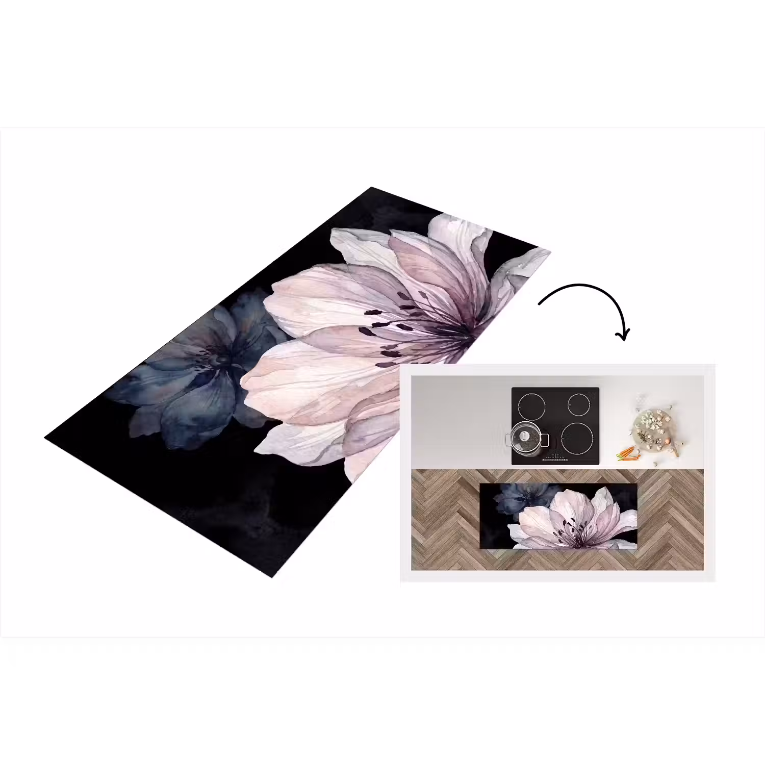 Bloemen - Aquarel - Modern - Roze - Donker Keukenloper - keukenmat middel -3d