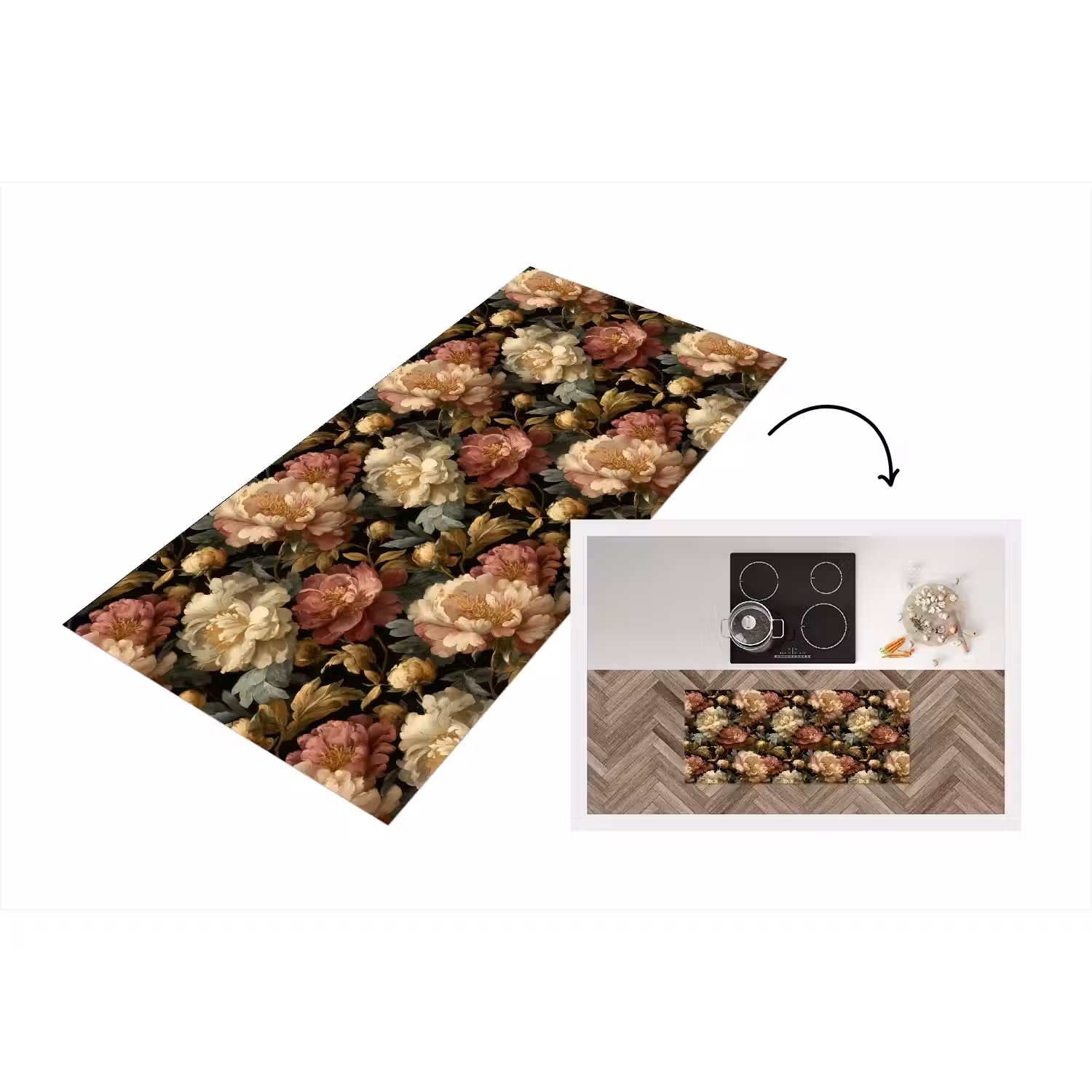 Bloemen - Barok - Patroon - Roze - Crème Keukenloper - keukenmat middel 536 -3d