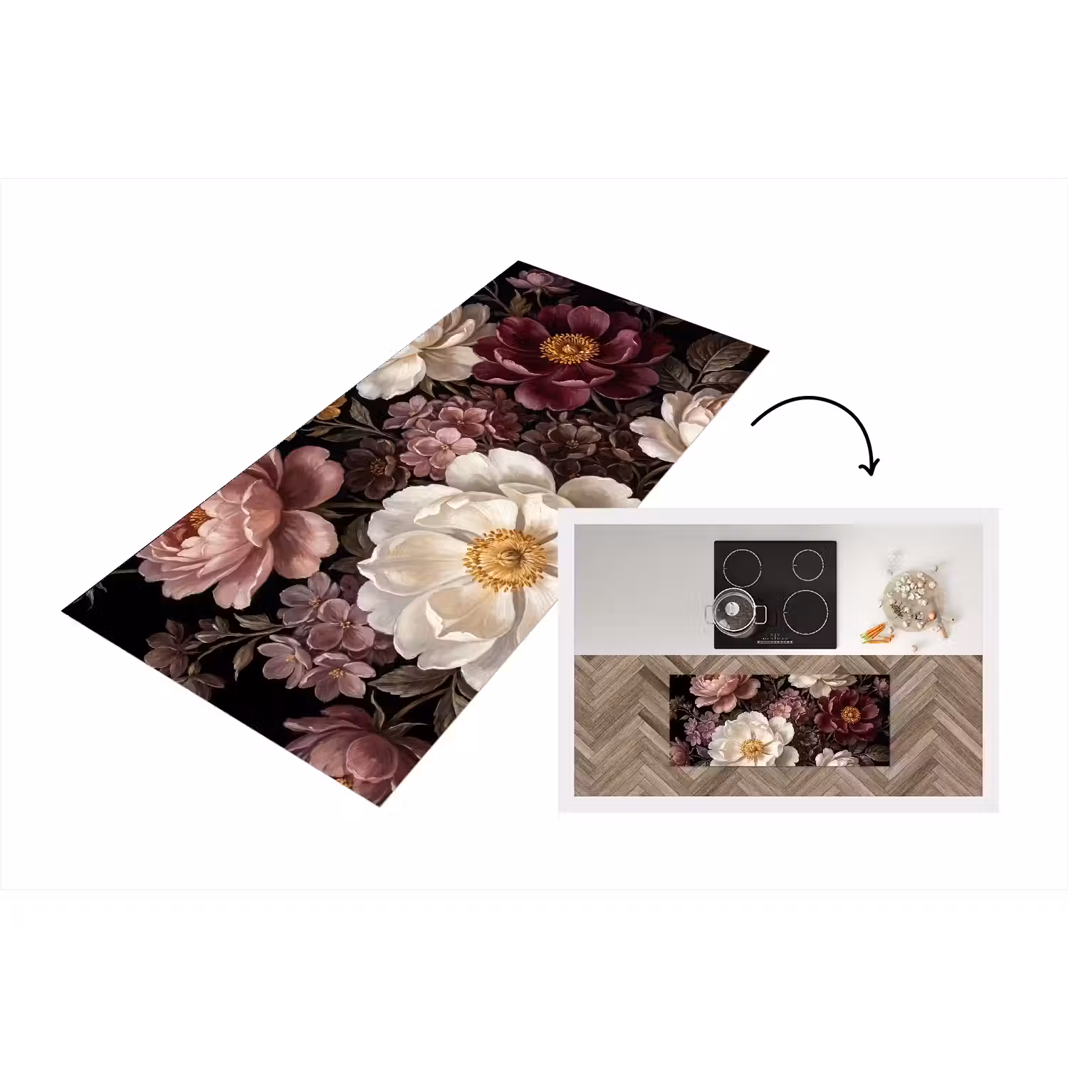 Bloemen - Boeket - Klassiek - Donker - Rood Keukenloper - keukenmat middel -3d