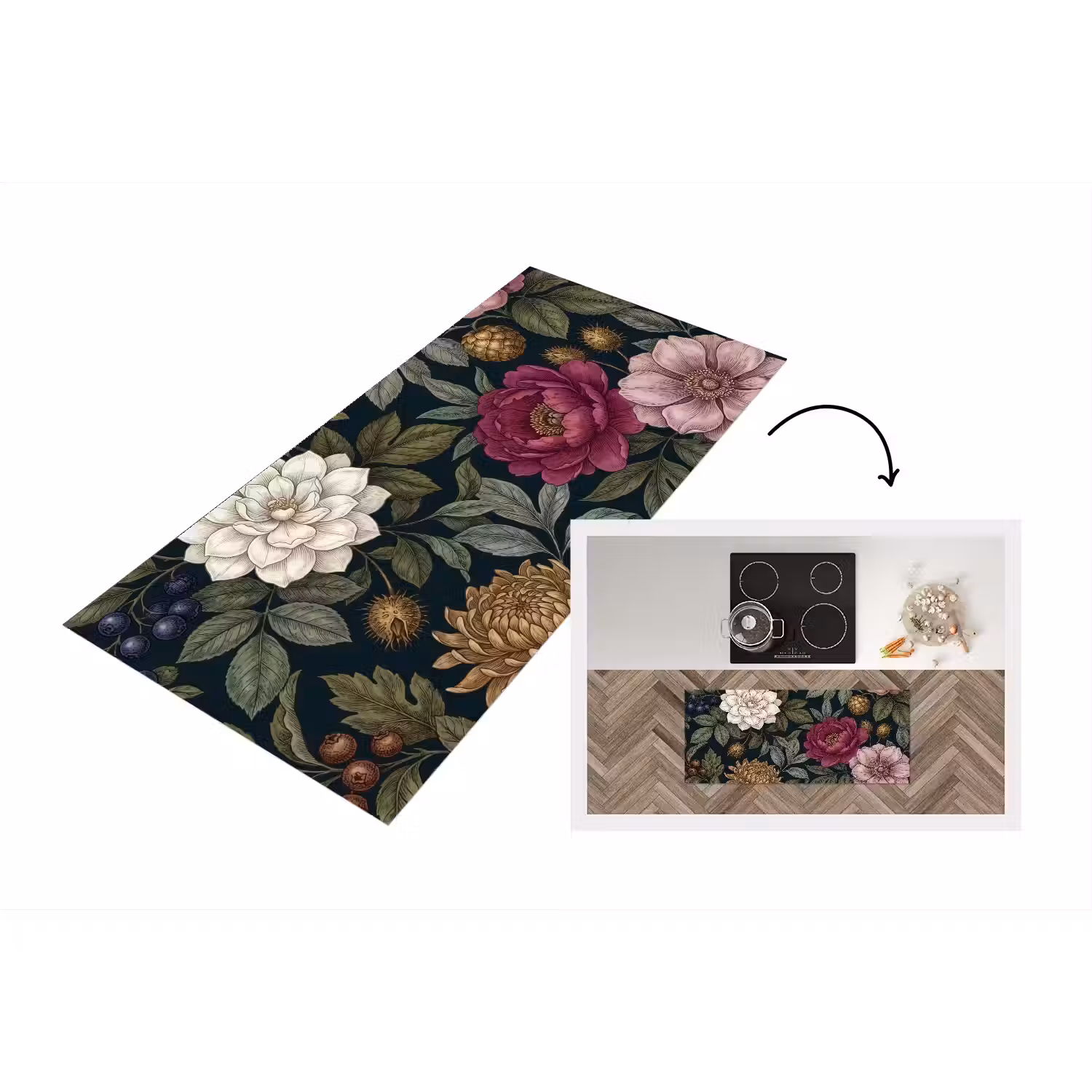 Bloemen - Botanisch - Illustratie - Donker - Vintage Keukenloper - keukenmat middel -3d