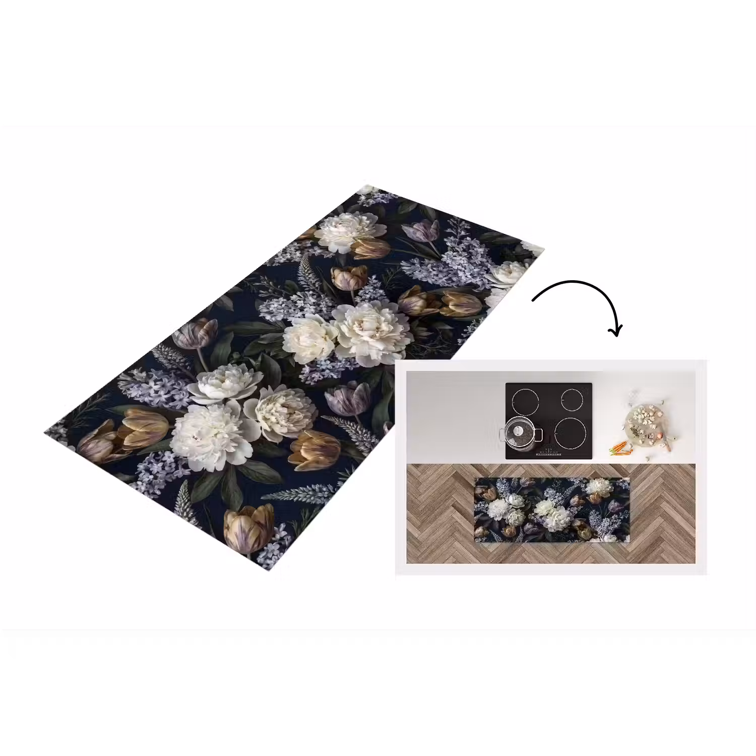 Bloemen - Donker - Elegant - Natuur - Wit Keukenloper - keukenmat middel -3d
