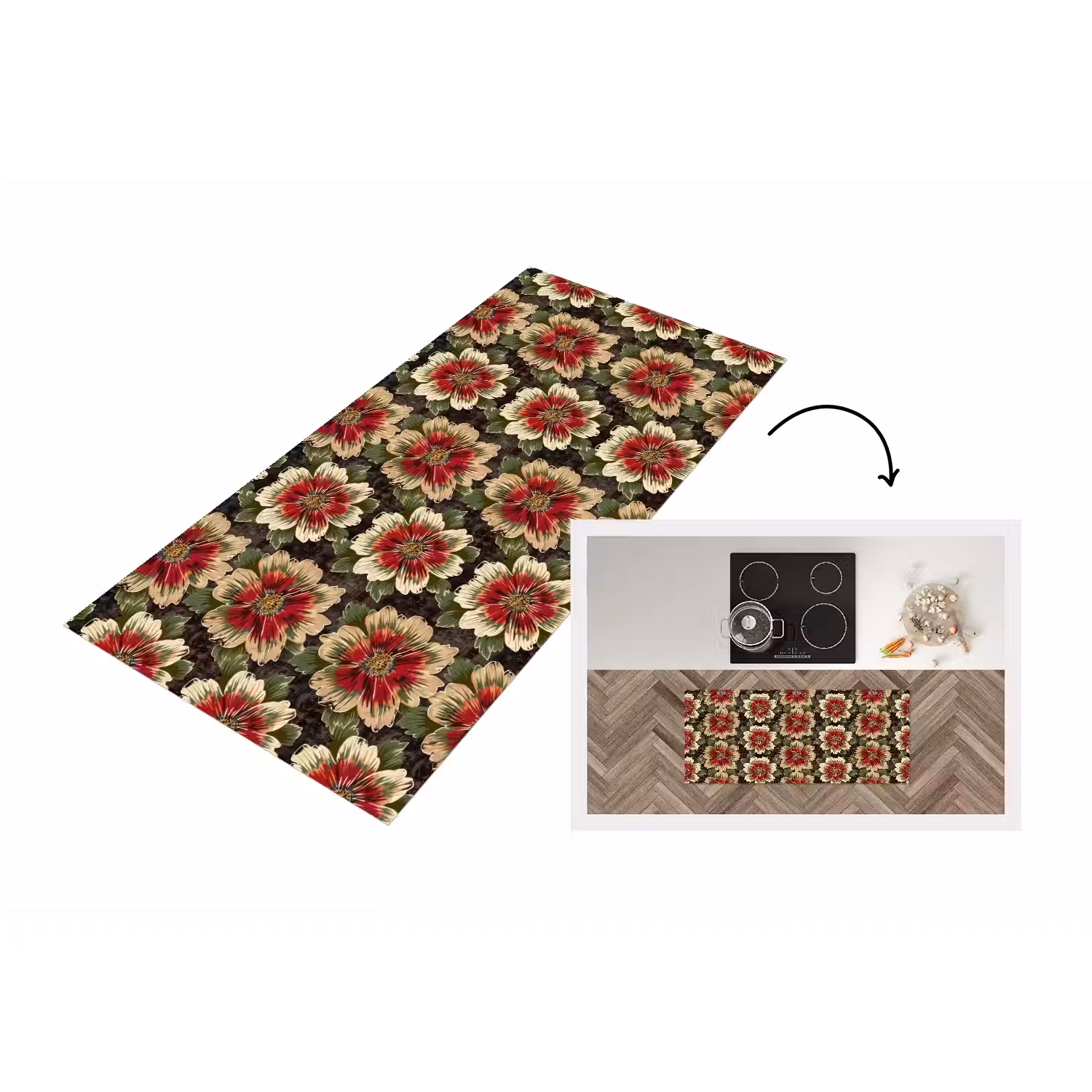 Bloemen - Klassiek - Patroon - Rood Keukenloper - keukenmat middel 536 -3d