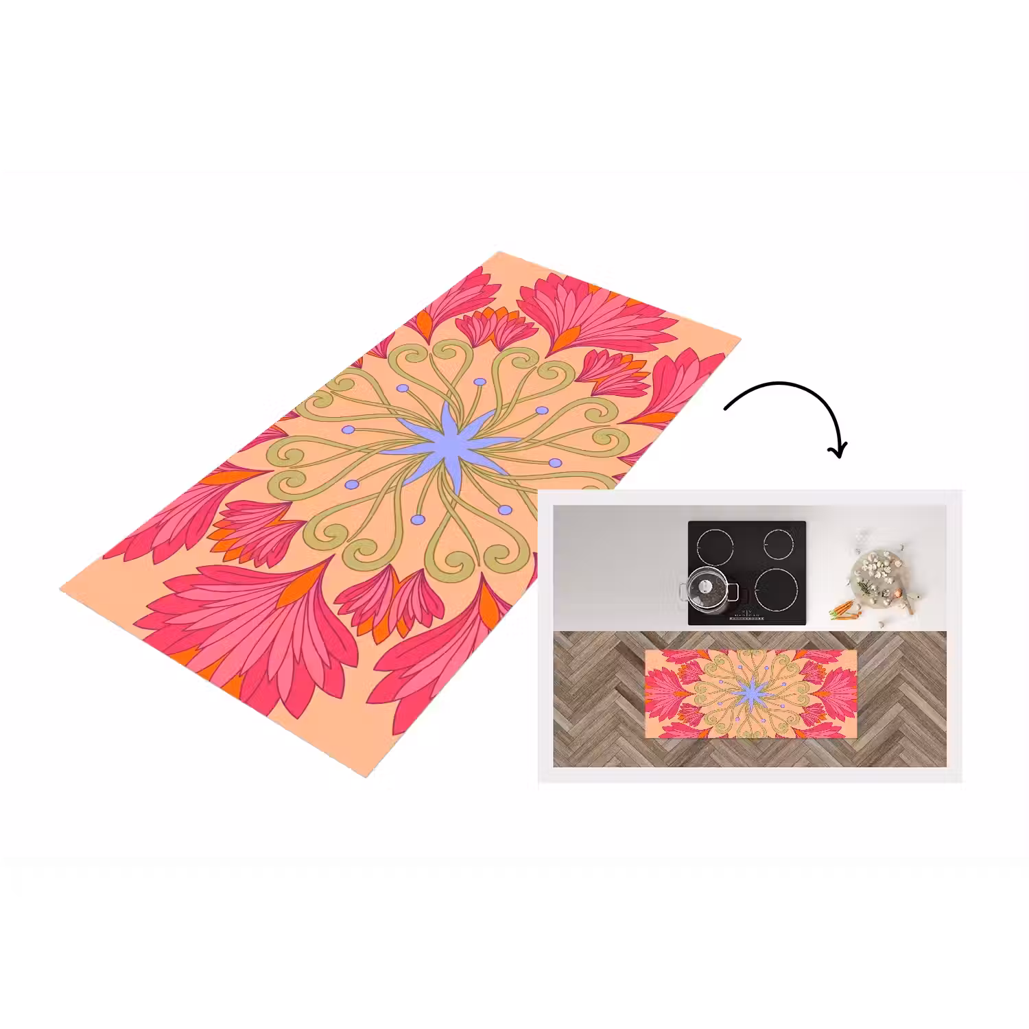 Bloemen - Patroon - Abstract - Roze - Decoratief Keukenloper - keukenmat middel -3d