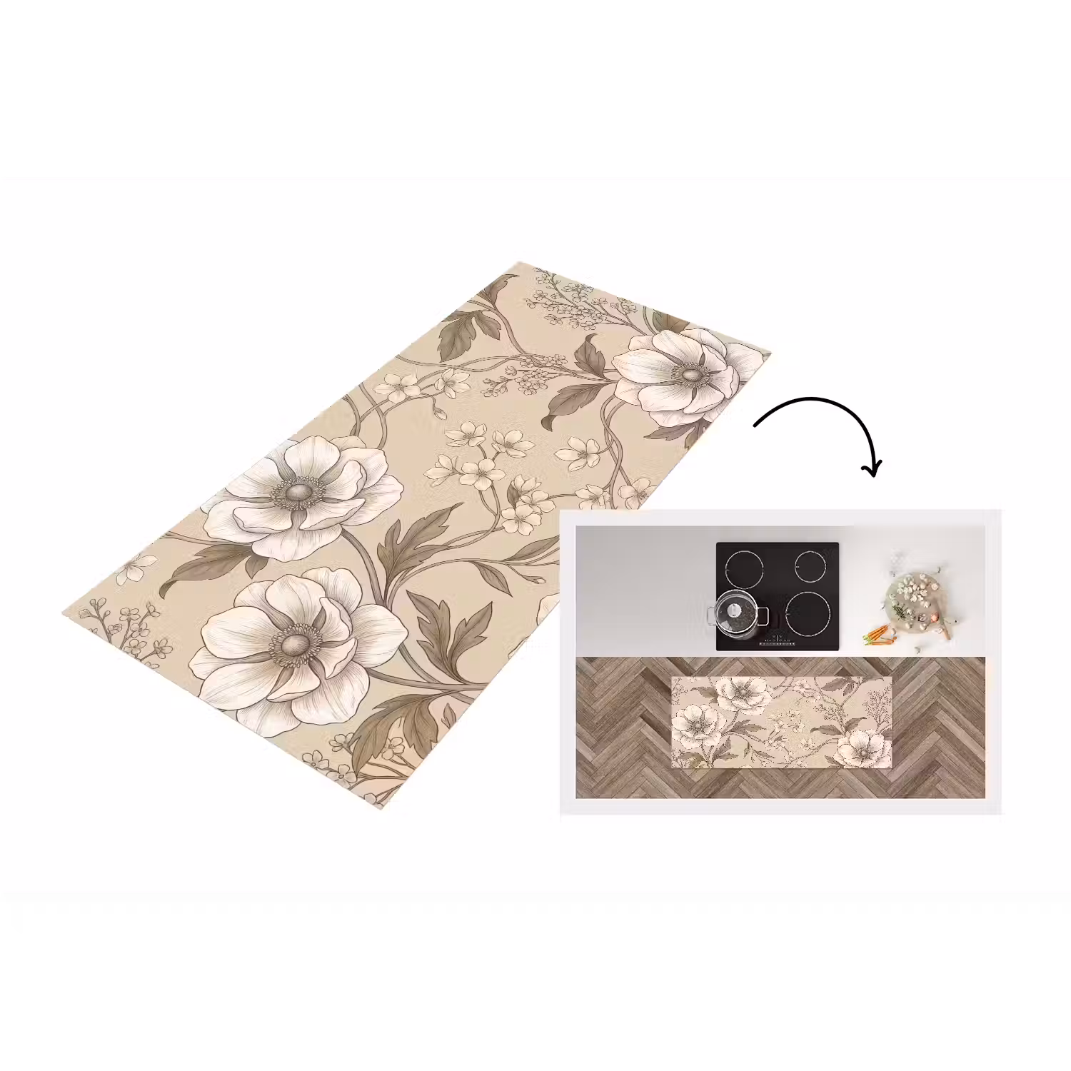 Bloemen - Patroon - Beige Keukenloper - keukenmat middel -3d