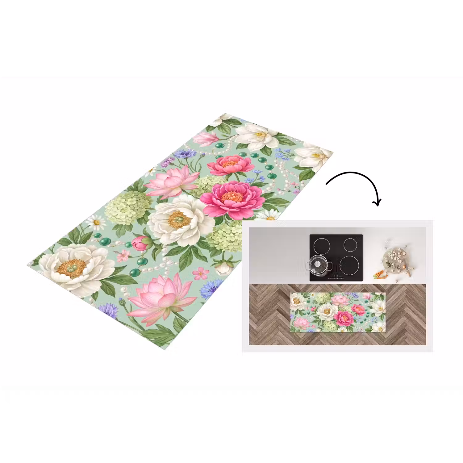 Bloemen - Patroon - Botanisch - Groen Keukenloper - keukenmat middel -3d