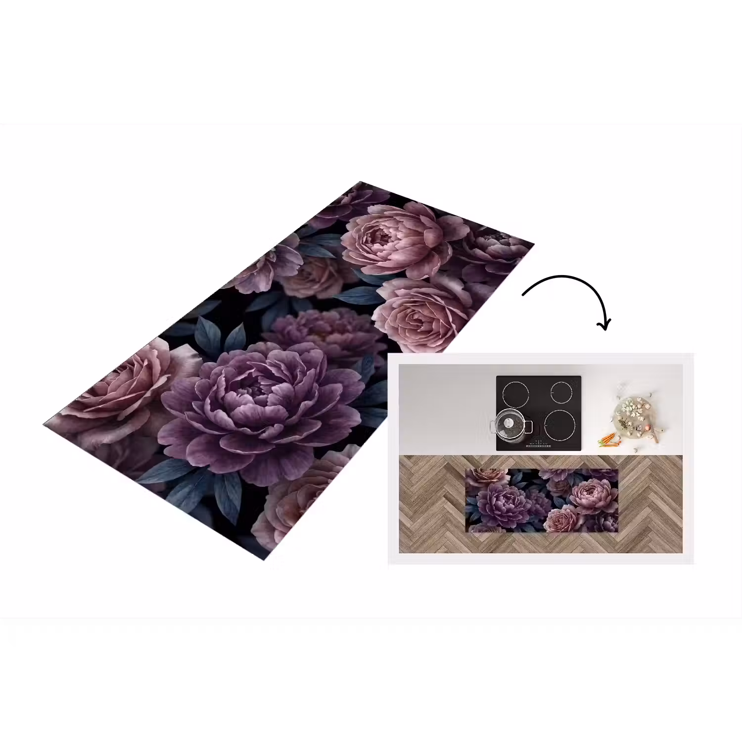 Bloemen - Patroon - Donker - Botanisch - Paars Keukenloper - keukenmat middel -3d