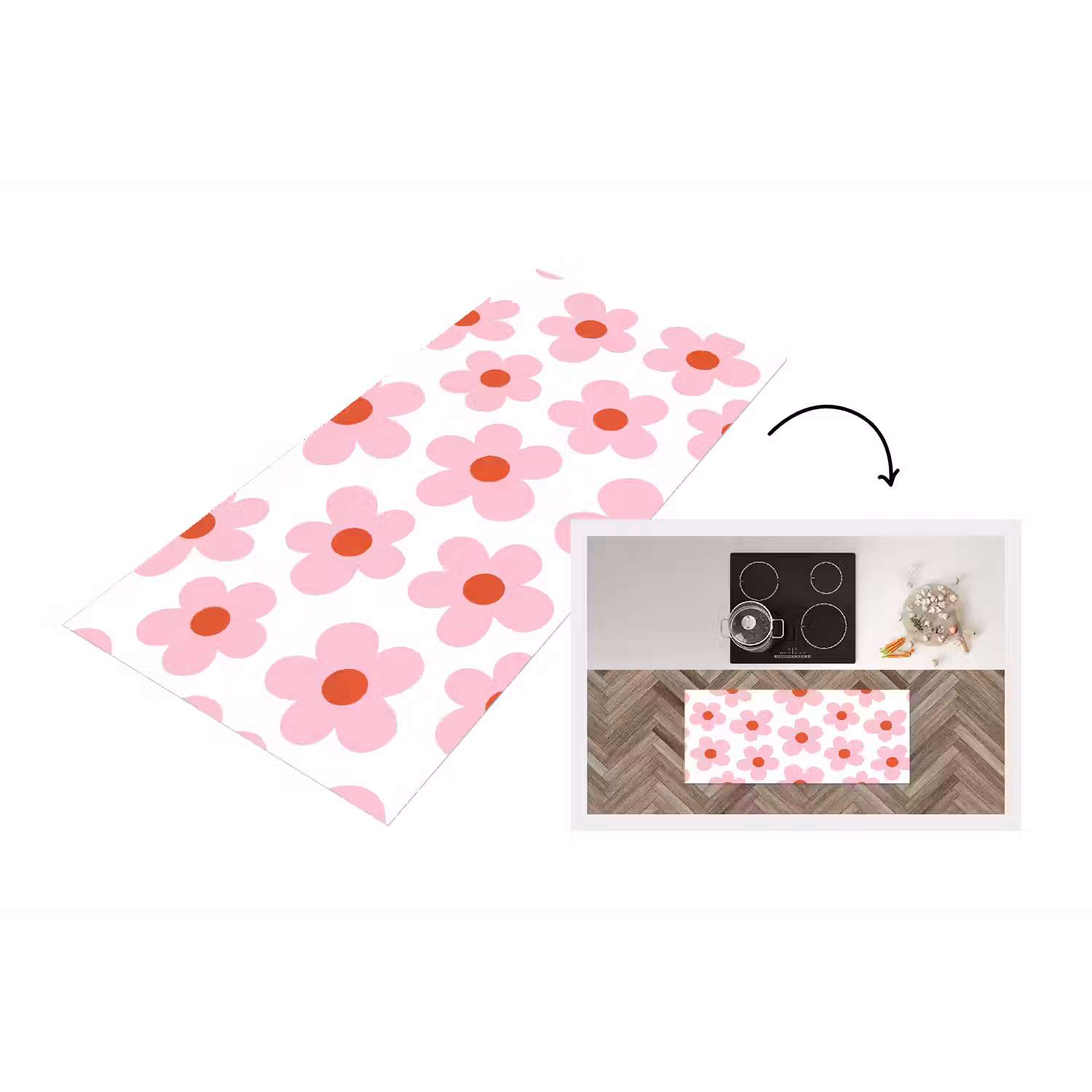 Bloemen - Patroon - Modern - Roze - Wit Keukenloper - keukenmat middel -3d