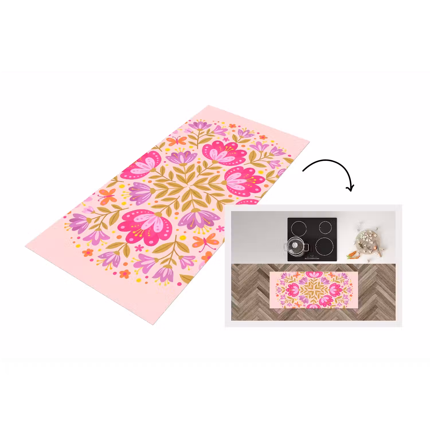 Bloemen - Patroon - Natuur - Abstract - Roze Keukenloper - keukenmat middel -3d