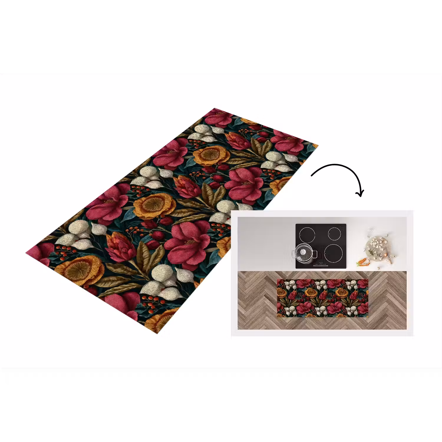 Bloemen - Patroon - Rood - Goud Keukenloper - keukenmat middel 536 -3d