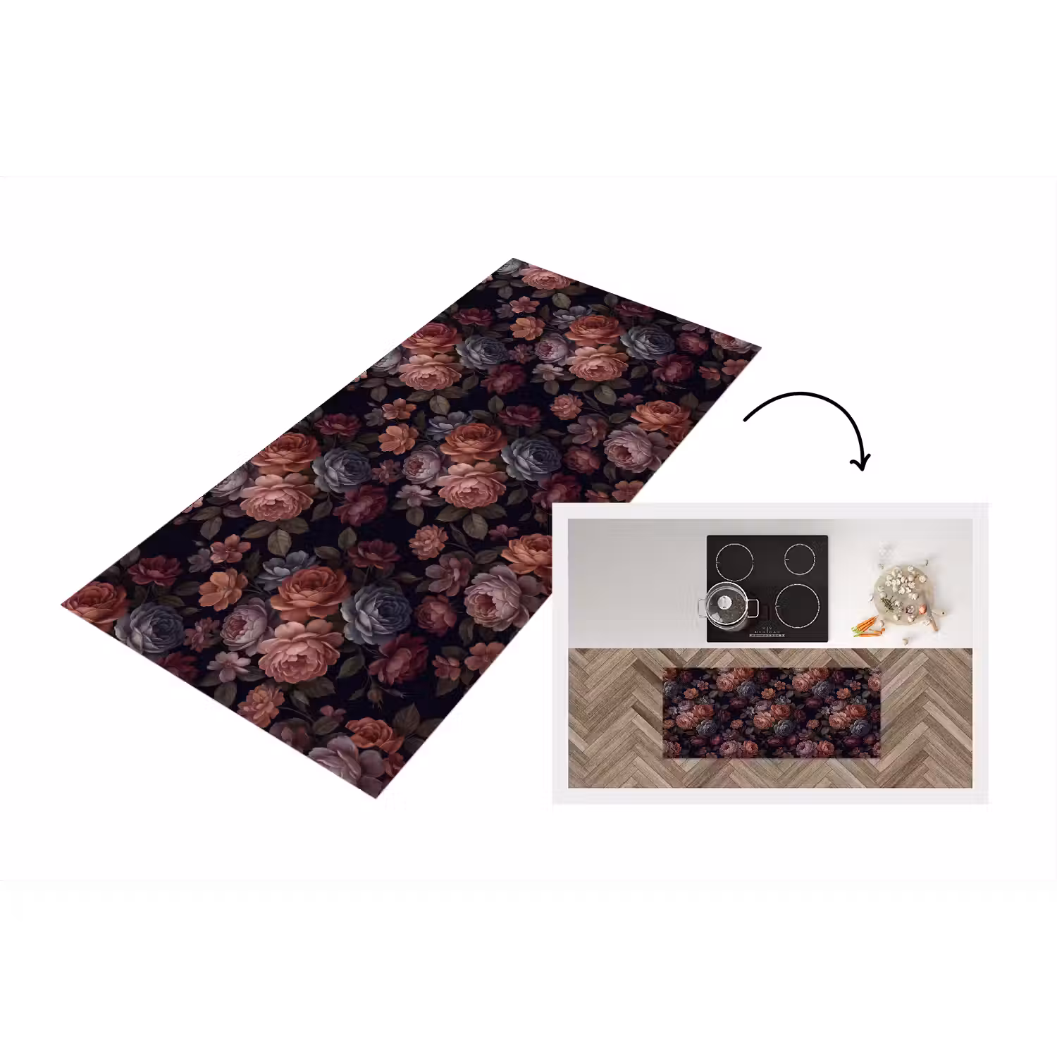 Bloemen - Patroon - Vintage - Donker - Roze Keukenloper - keukenmat middel -3d