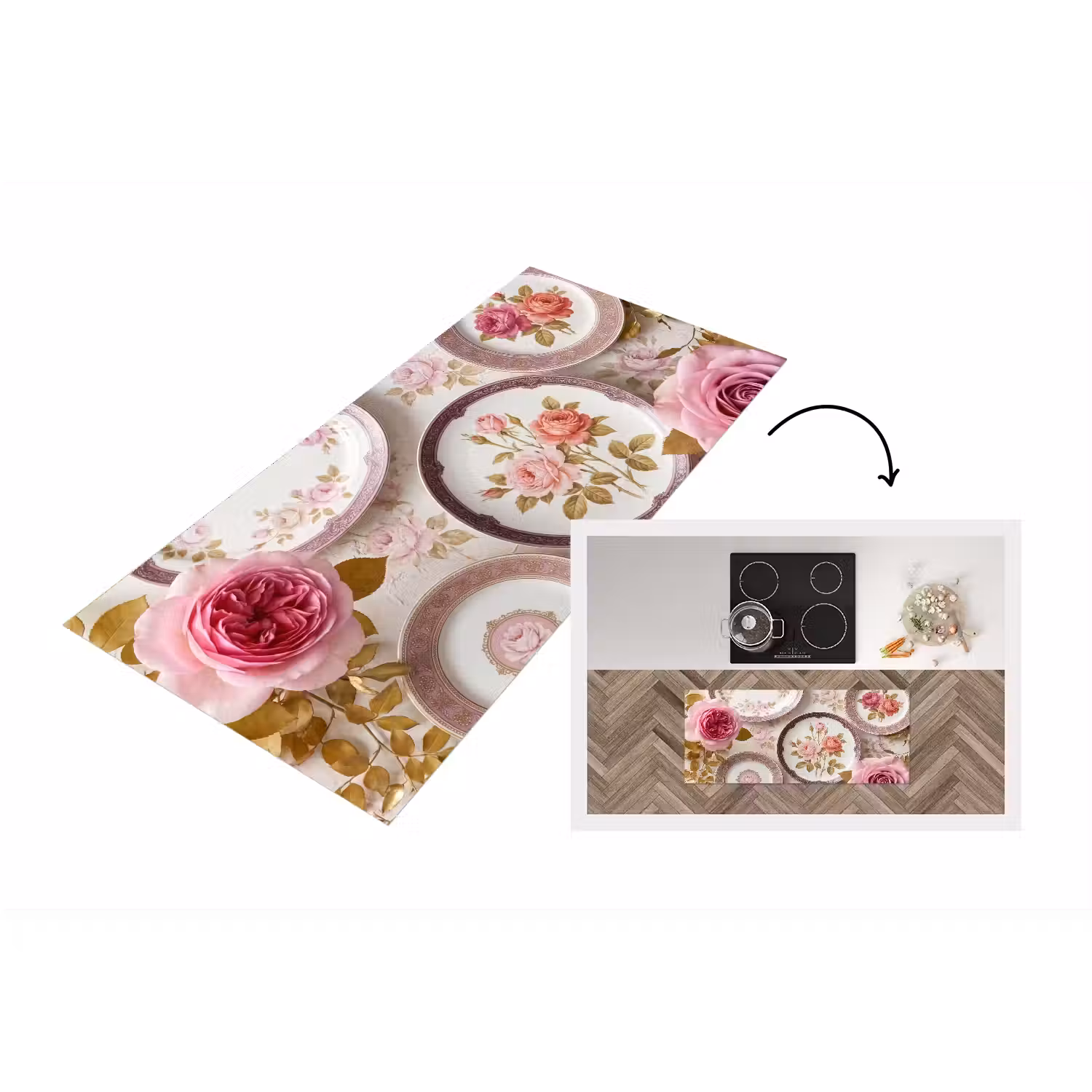 Bloemen - Patroon - Vintage - Roze - Decoratie Keukenloper - keukenmat middel -3d