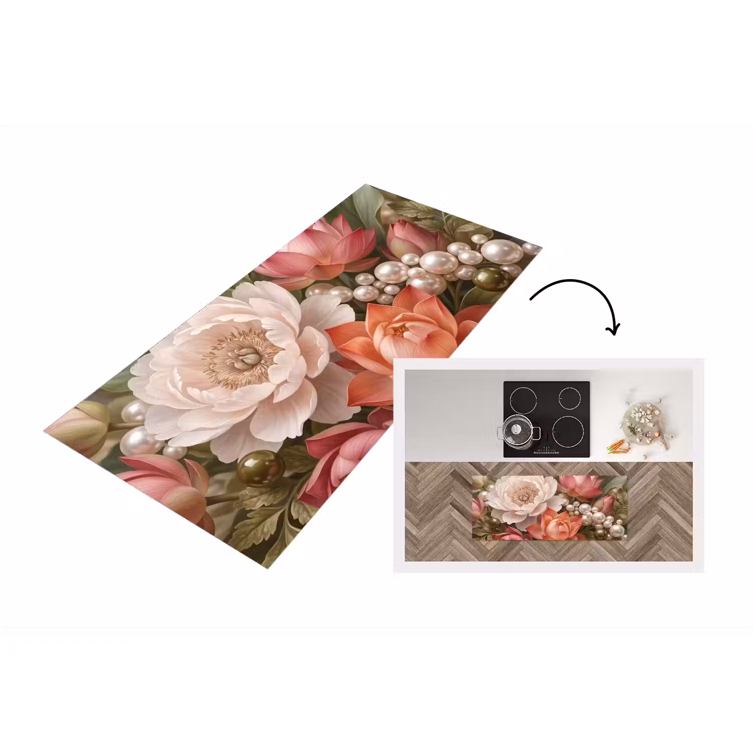 Bloemen - Parels - Elegant - Roze - Wit Keukenloper - keukenmat middel -3d