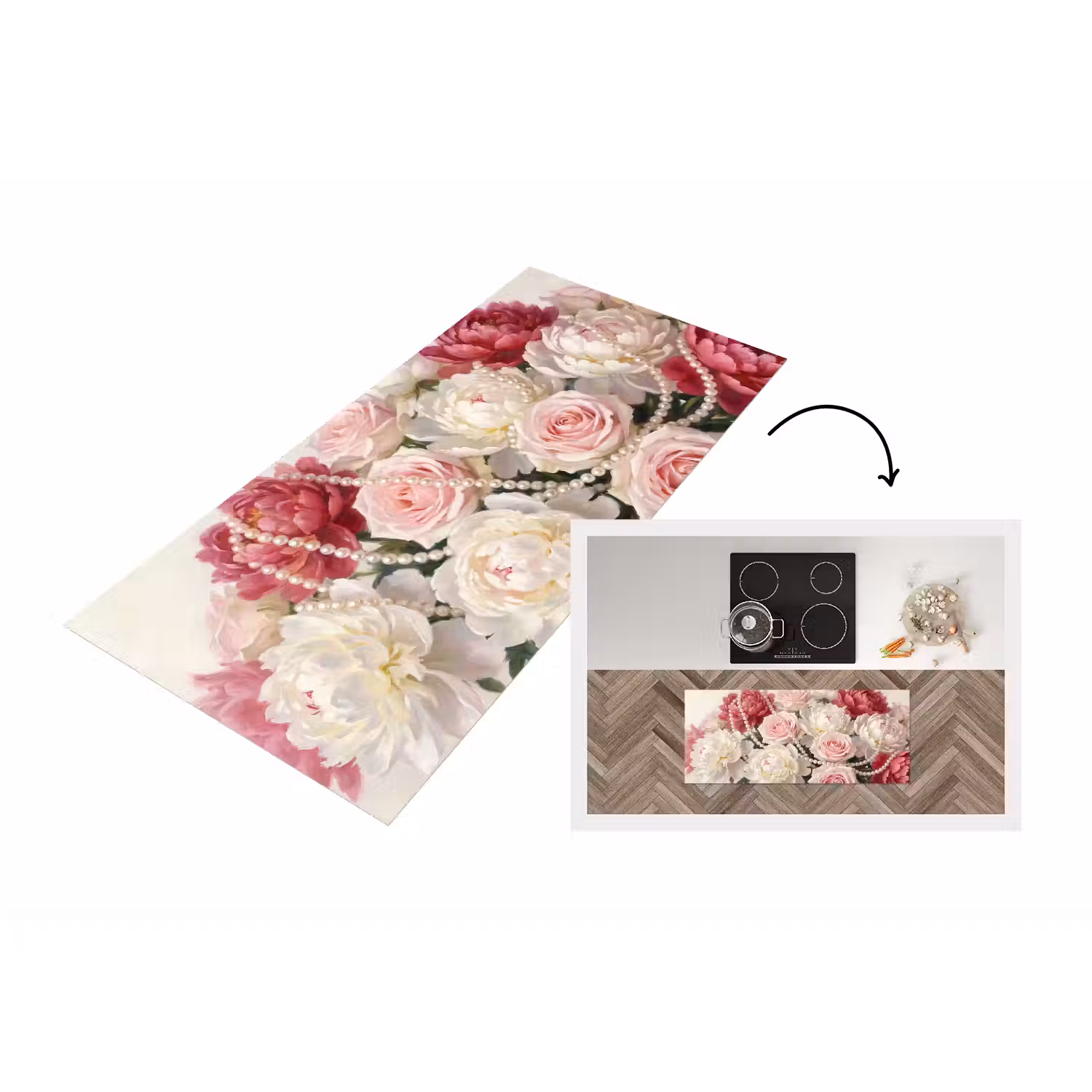 Bloemen - Parels - Romantiek - Klassiek - Roze Keukenloper - keukenmat middel -3d