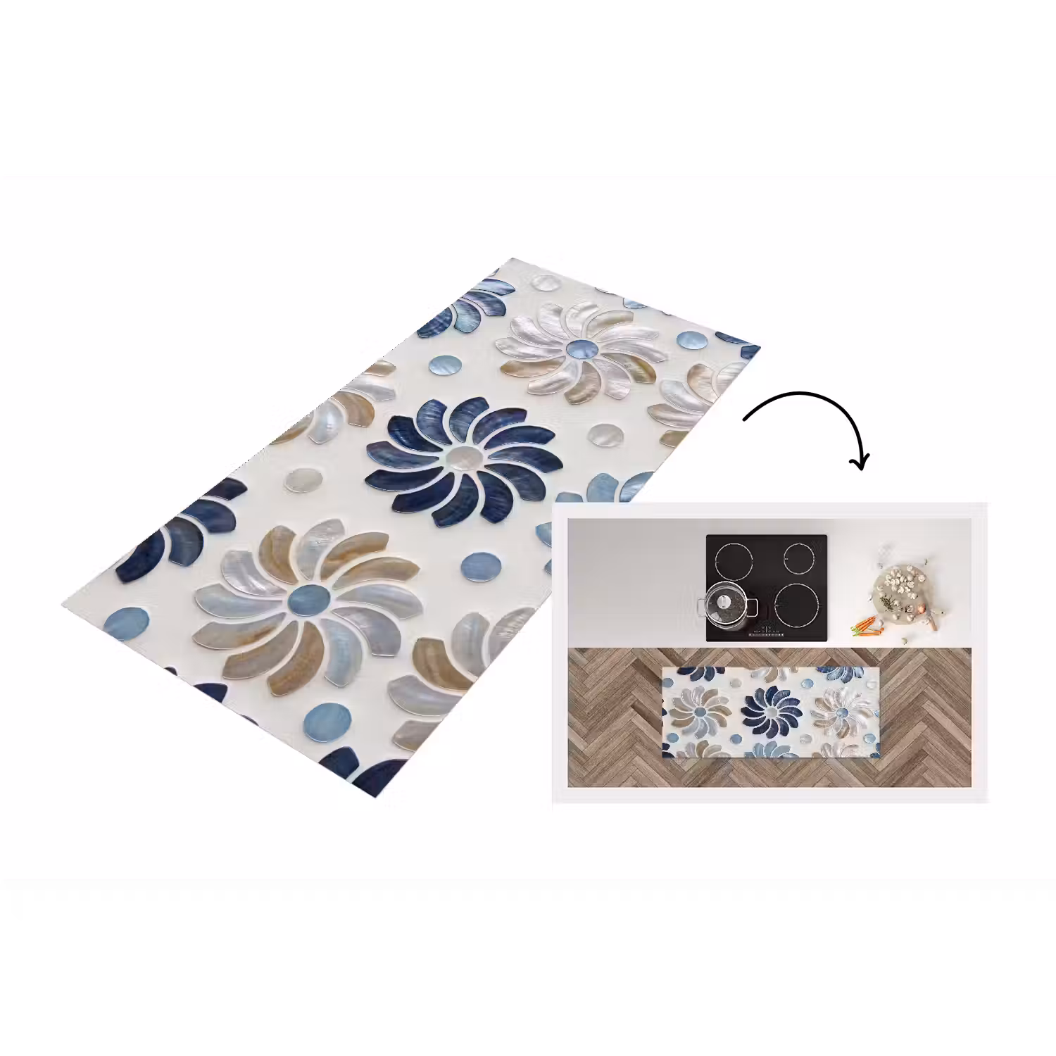 Bloemen - Parelmoer - Abstract - Patroon - Blauw Keukenloper - keukenmat middel -3d