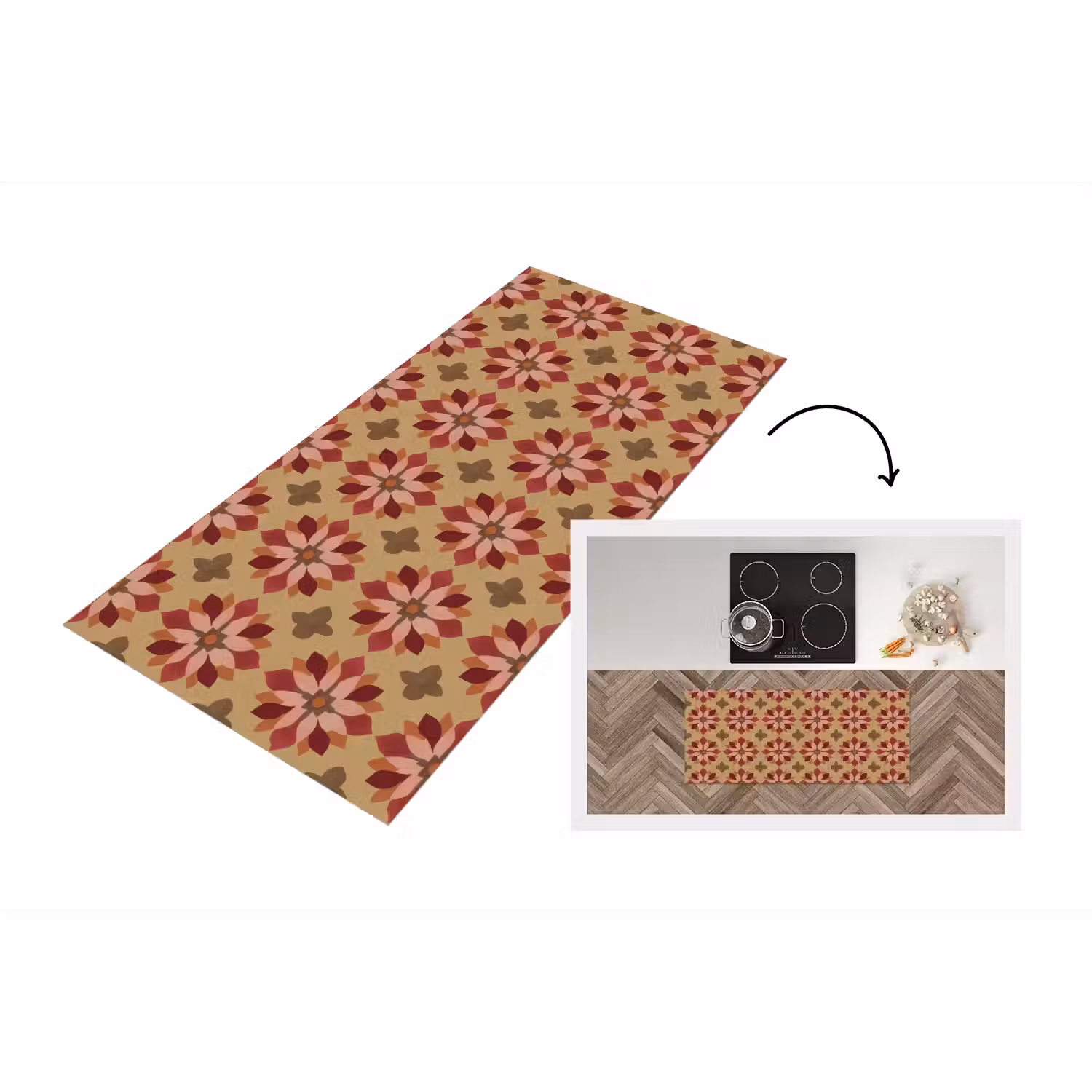 Bloemen - Retro - Groen Keukenloper - keukenmat middel 536 -3d